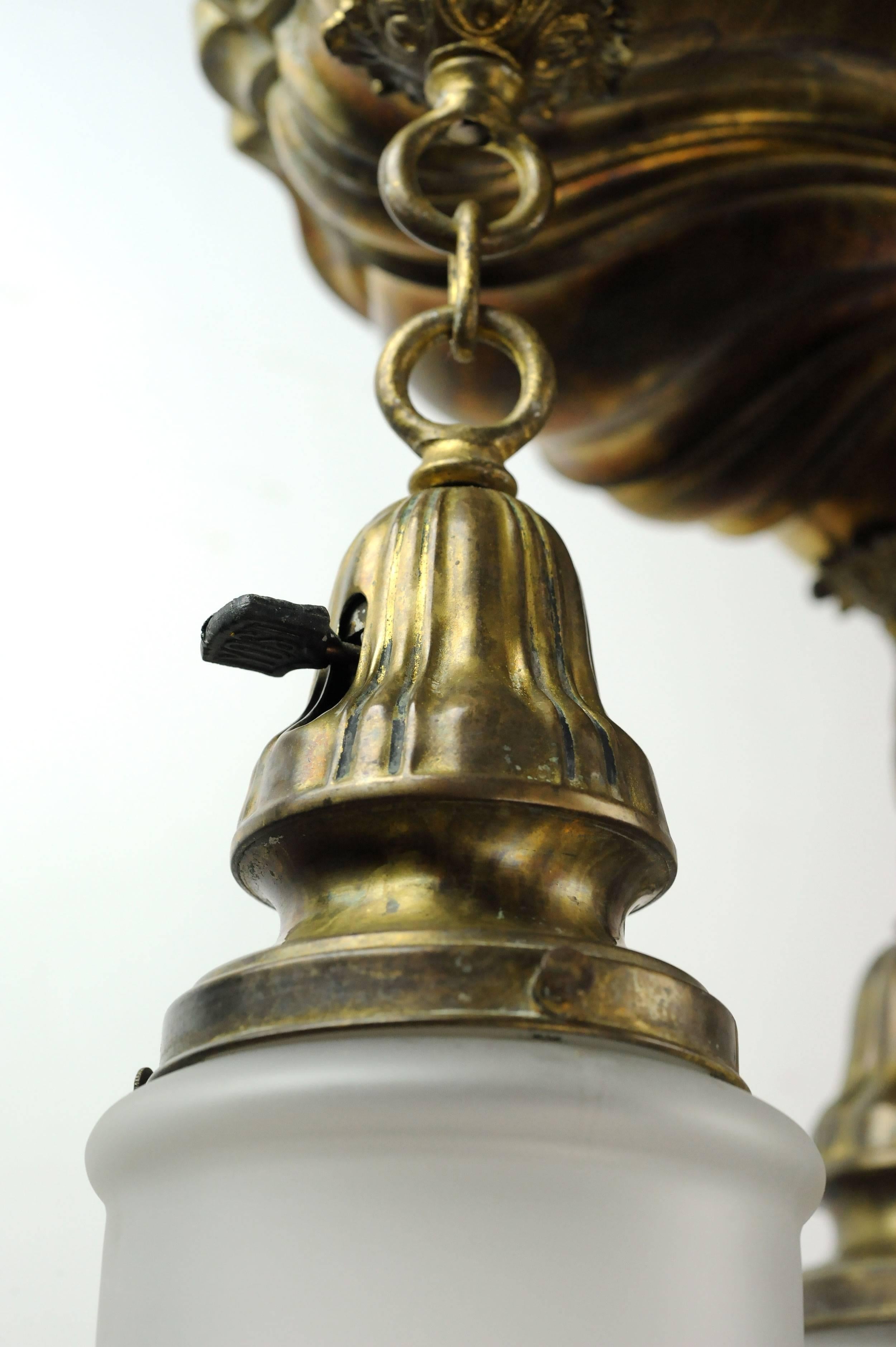 American Sheffield Pan Fixture in Brass with Glass Shades