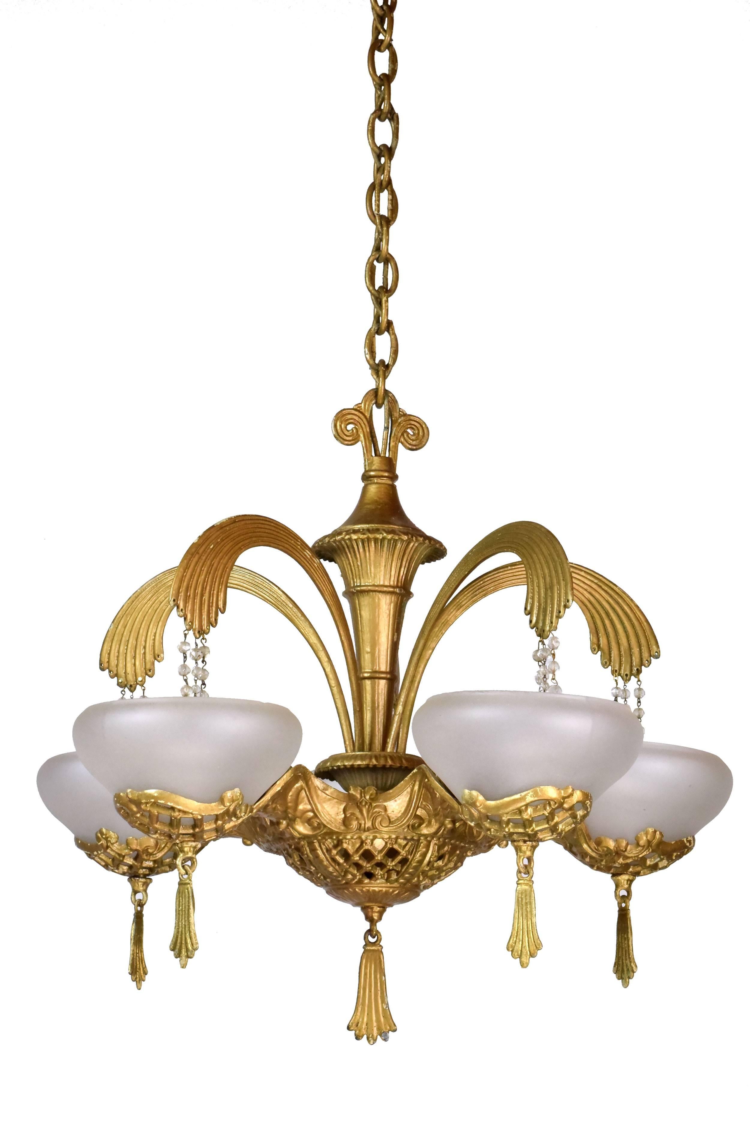 Mid-20th Century Art Deco Five Arm Brass Chandelier with Shades