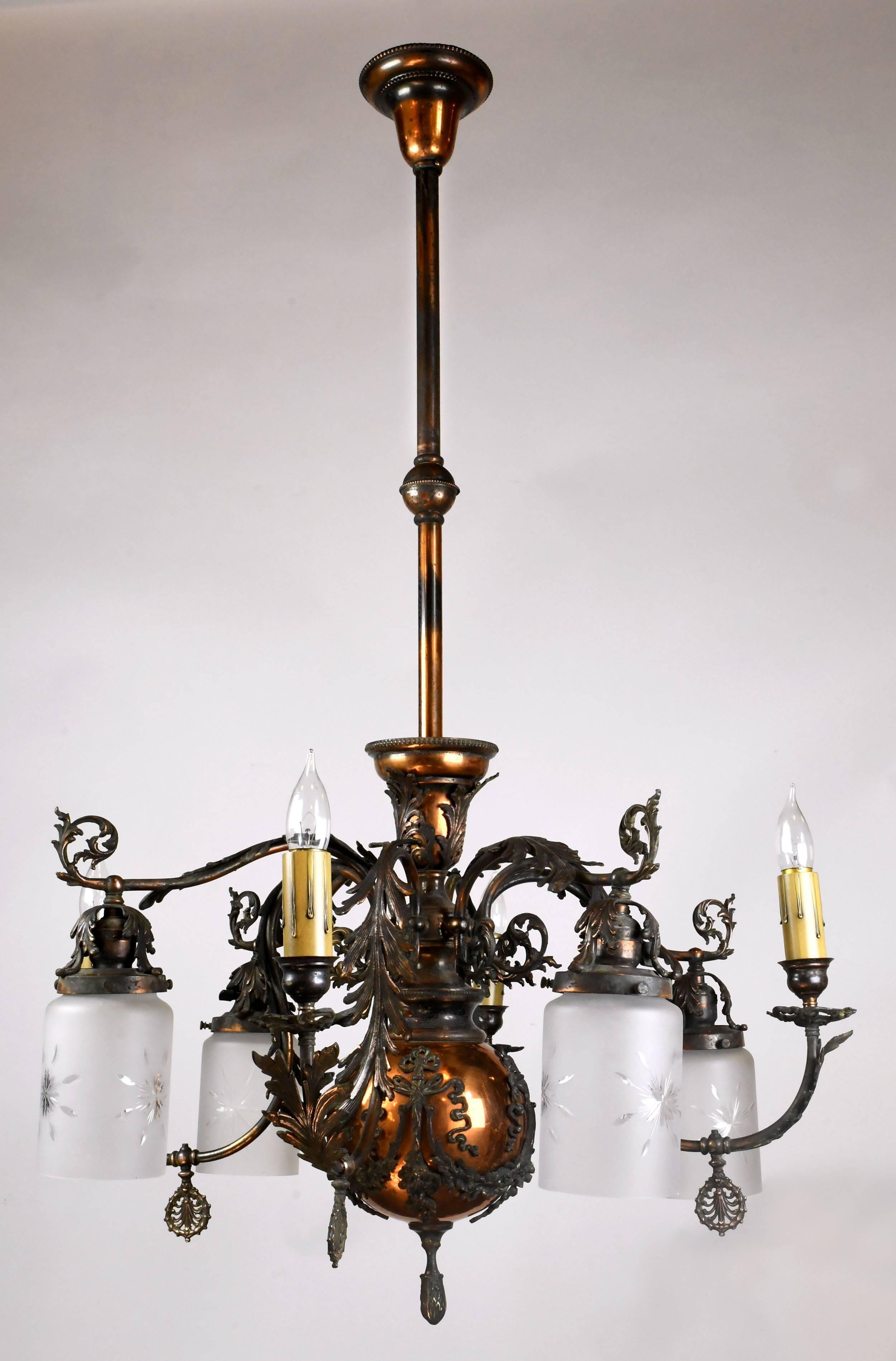 Gilt and Satin Gas and Electric Chandelier, circa 1890 In Good Condition In Minneapolis, MN