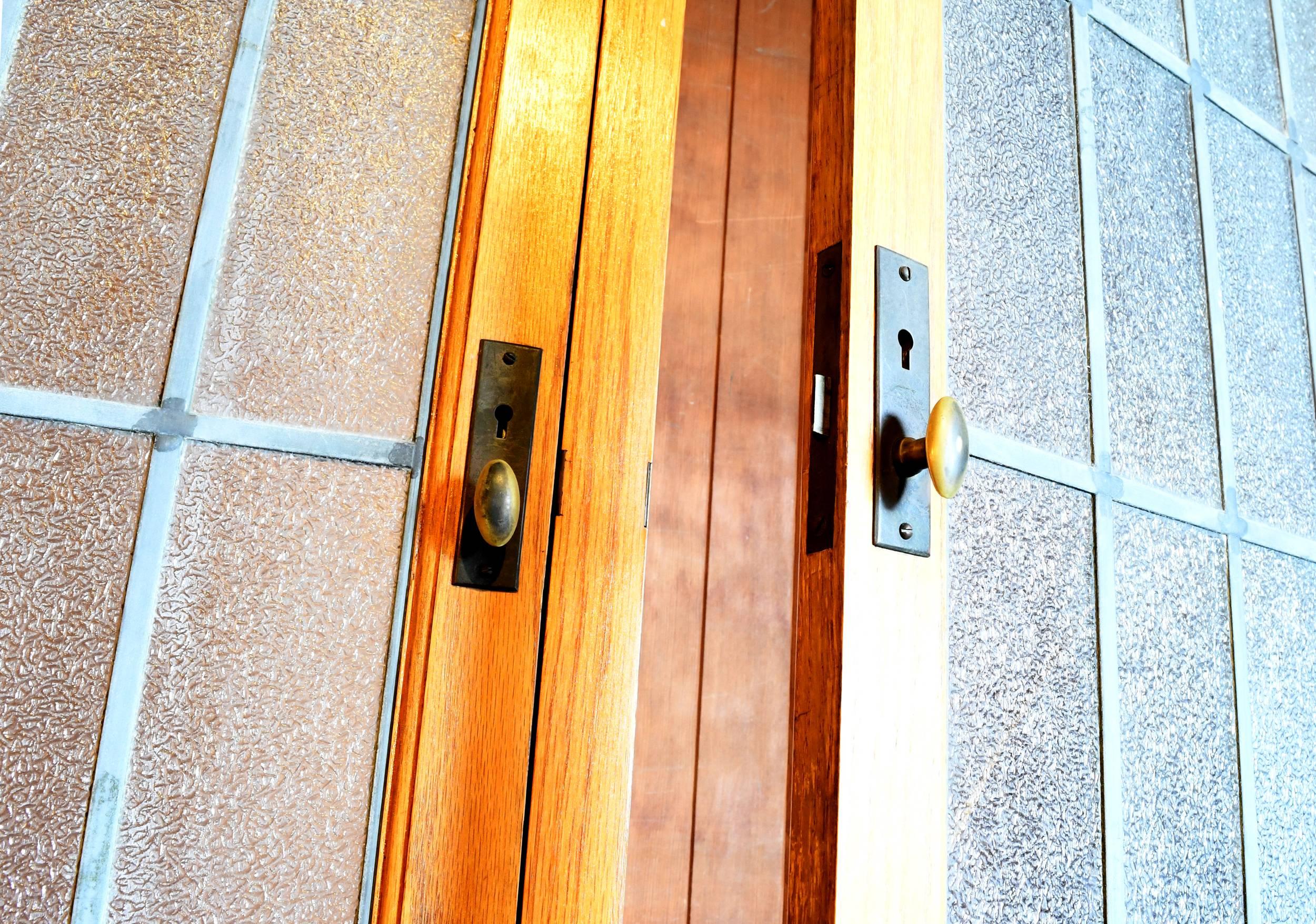 American Oak Schoolhouse Cabinet with Leaded Glass Doors