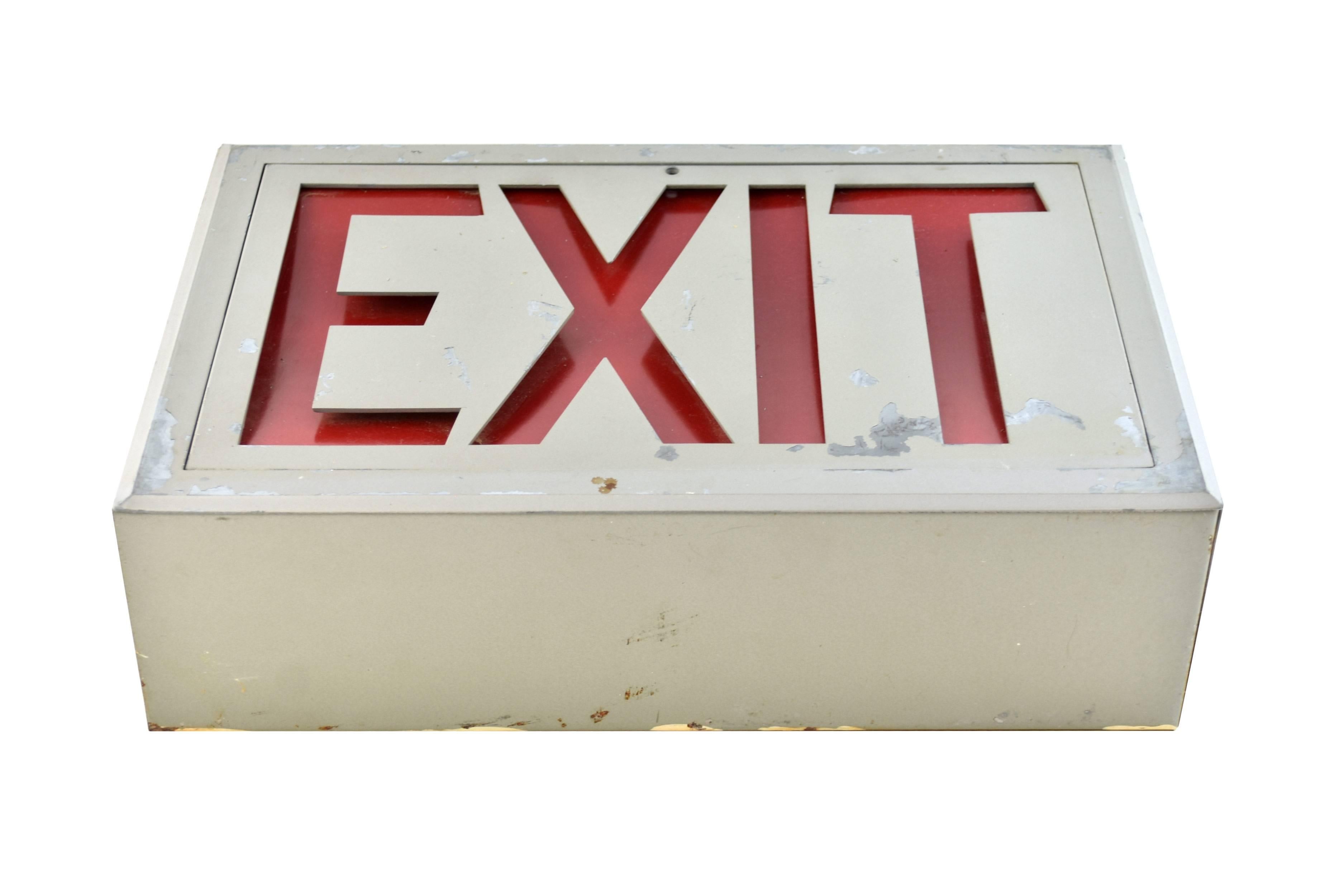 Steel exit signs with two variations. One has rounded edges and the other has sharp edges. Both light up!

Please note which style you prefer when making your purchase,

circa 1940
Condition: Fair
Finish: Original
Country of origin: