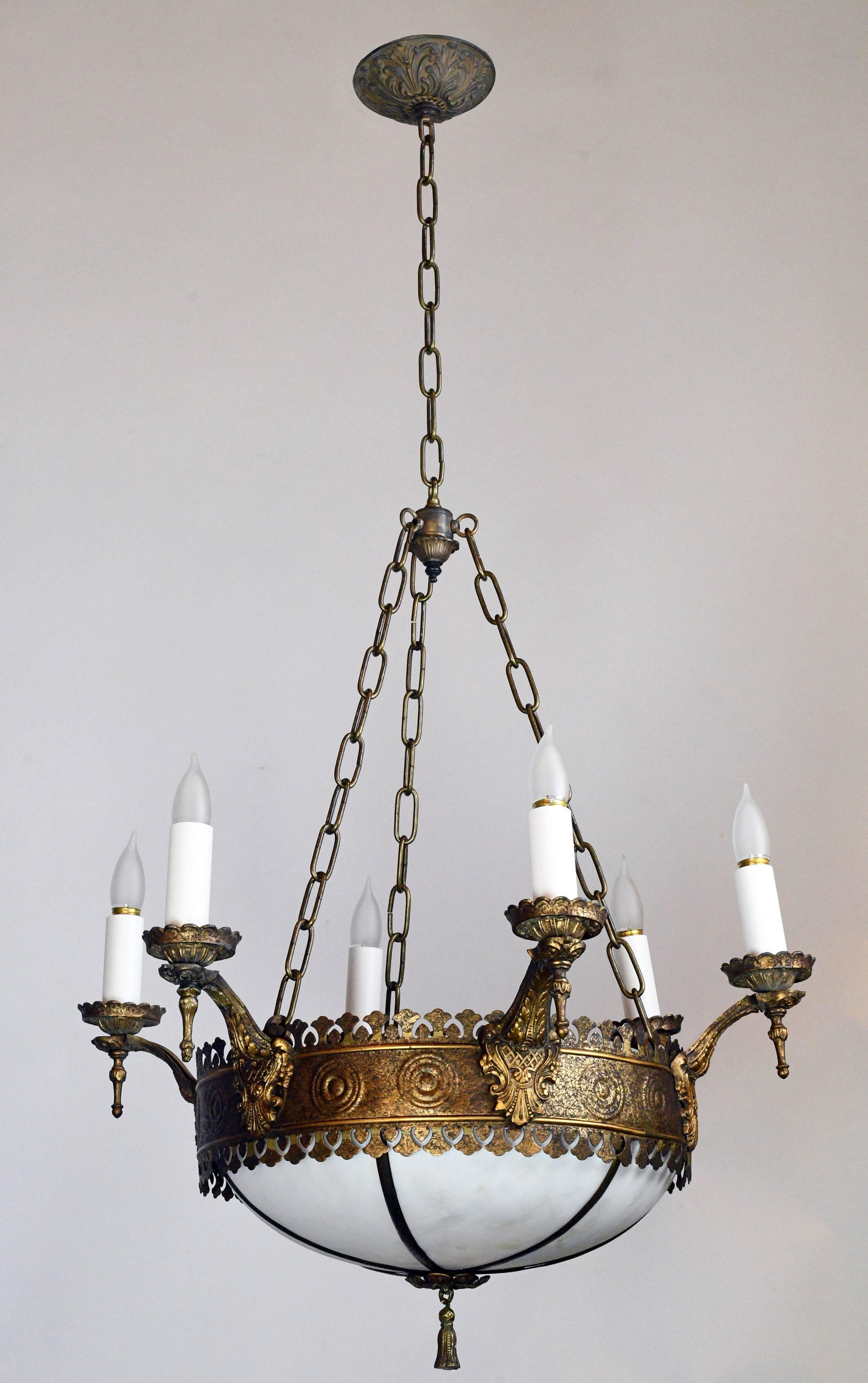 Six Candle Tudor Chandelier with Bent Glass Globe In Excellent Condition In Minneapolis, MN