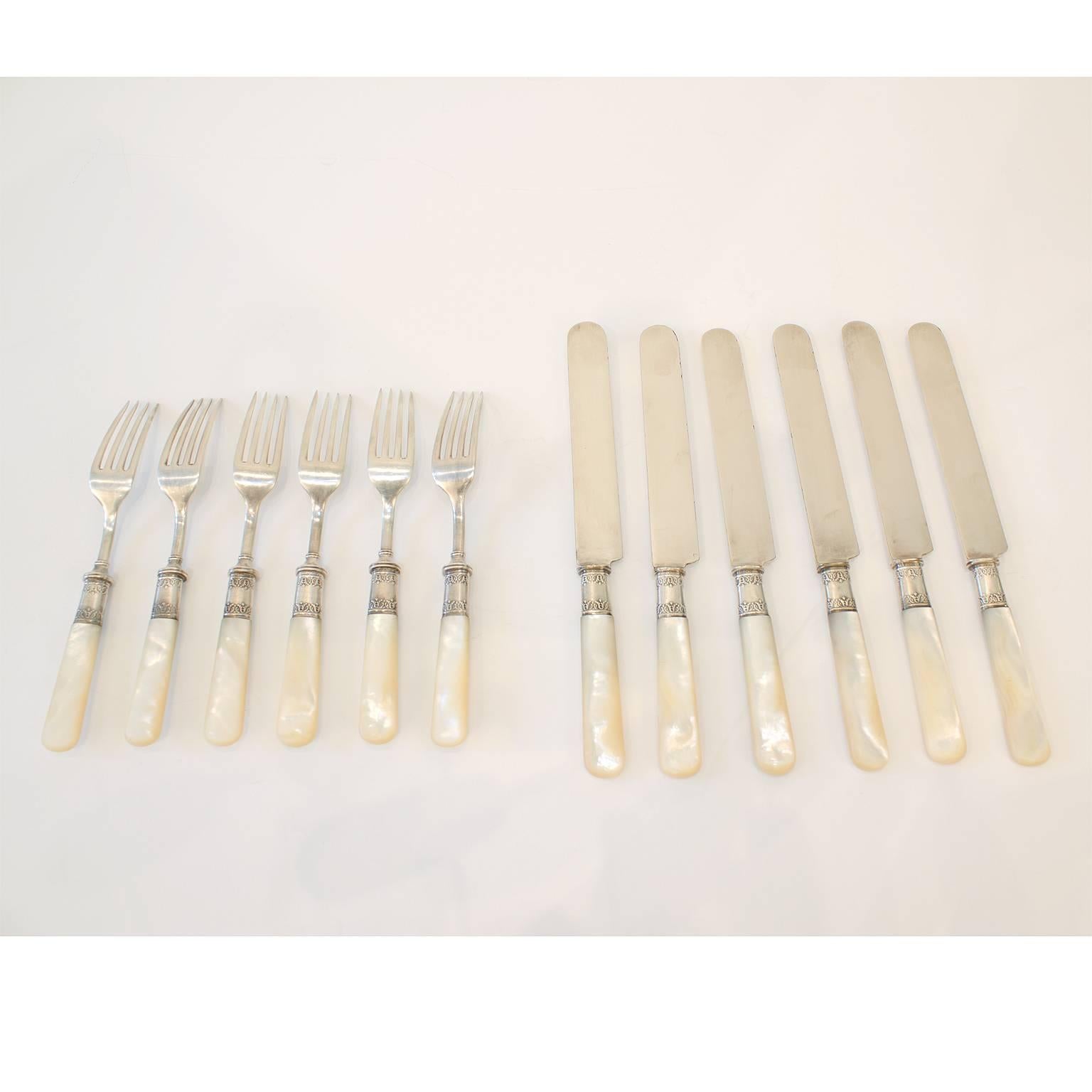 Art Deco Landers Frary & Clark Mother-of-Pearl Silver Serving Set for Six For Sale