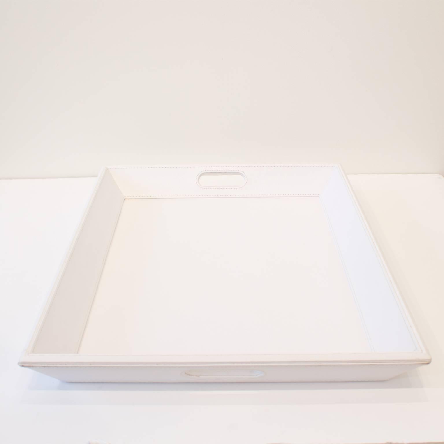 Contemporary Exceptional Hand-Stitched White Leather Tray For Sale