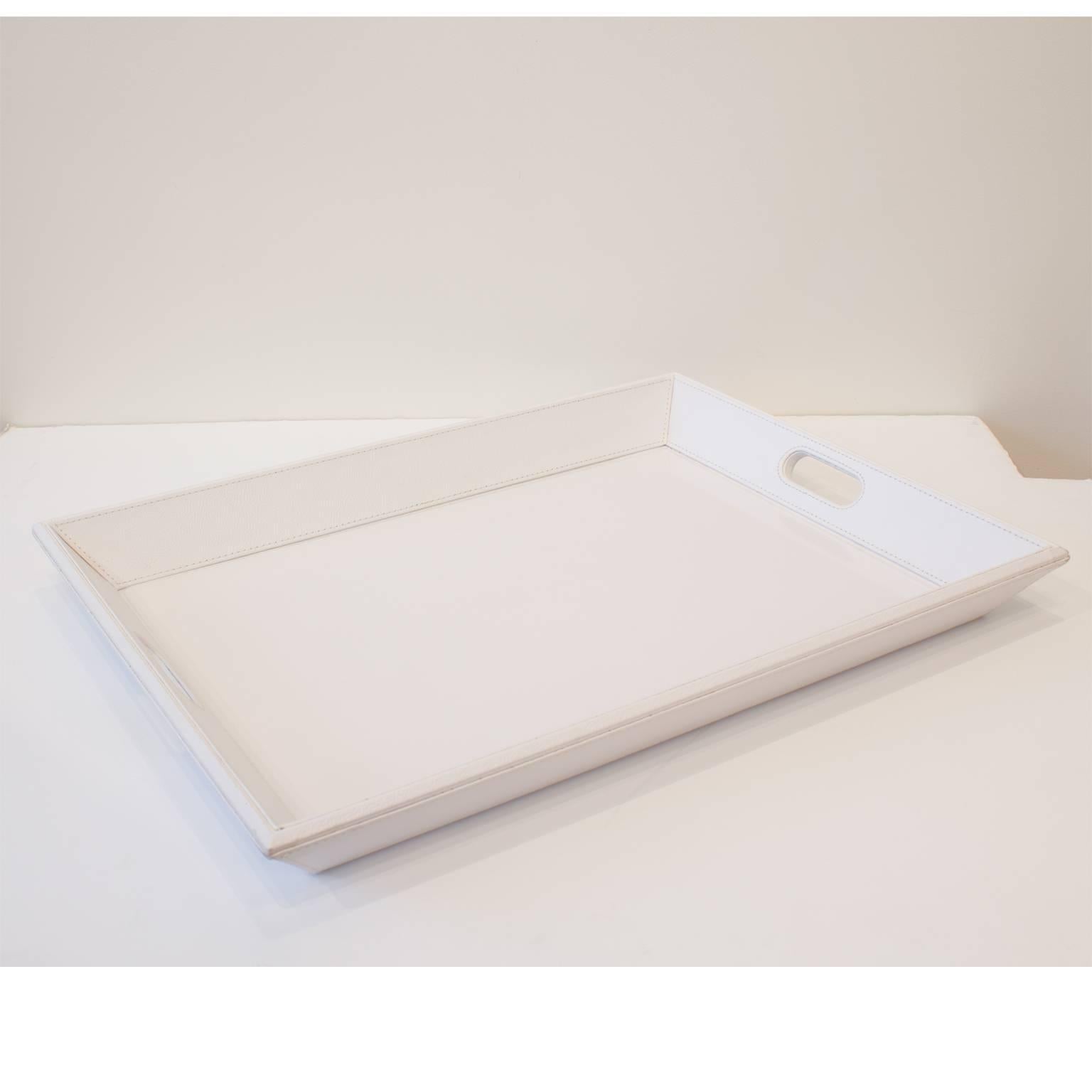 Exceptional Hand-Stitched White Leather Tray For Sale 1