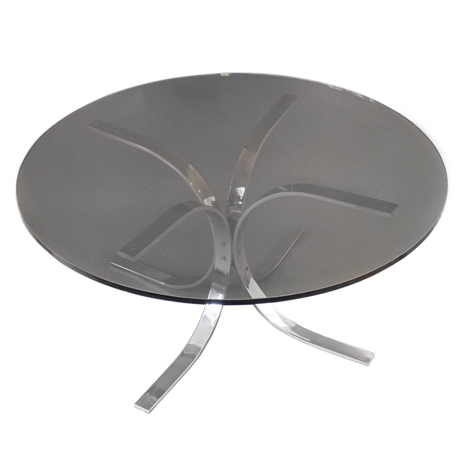 Circular smoked glass coffee table with chrome stand by Selig, 1970s. The smoked glass can be changed to your preferred glass.