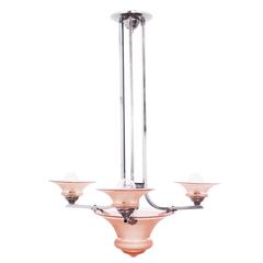 Art Deco Chandelier with Frosted Rose Glass Diffusers