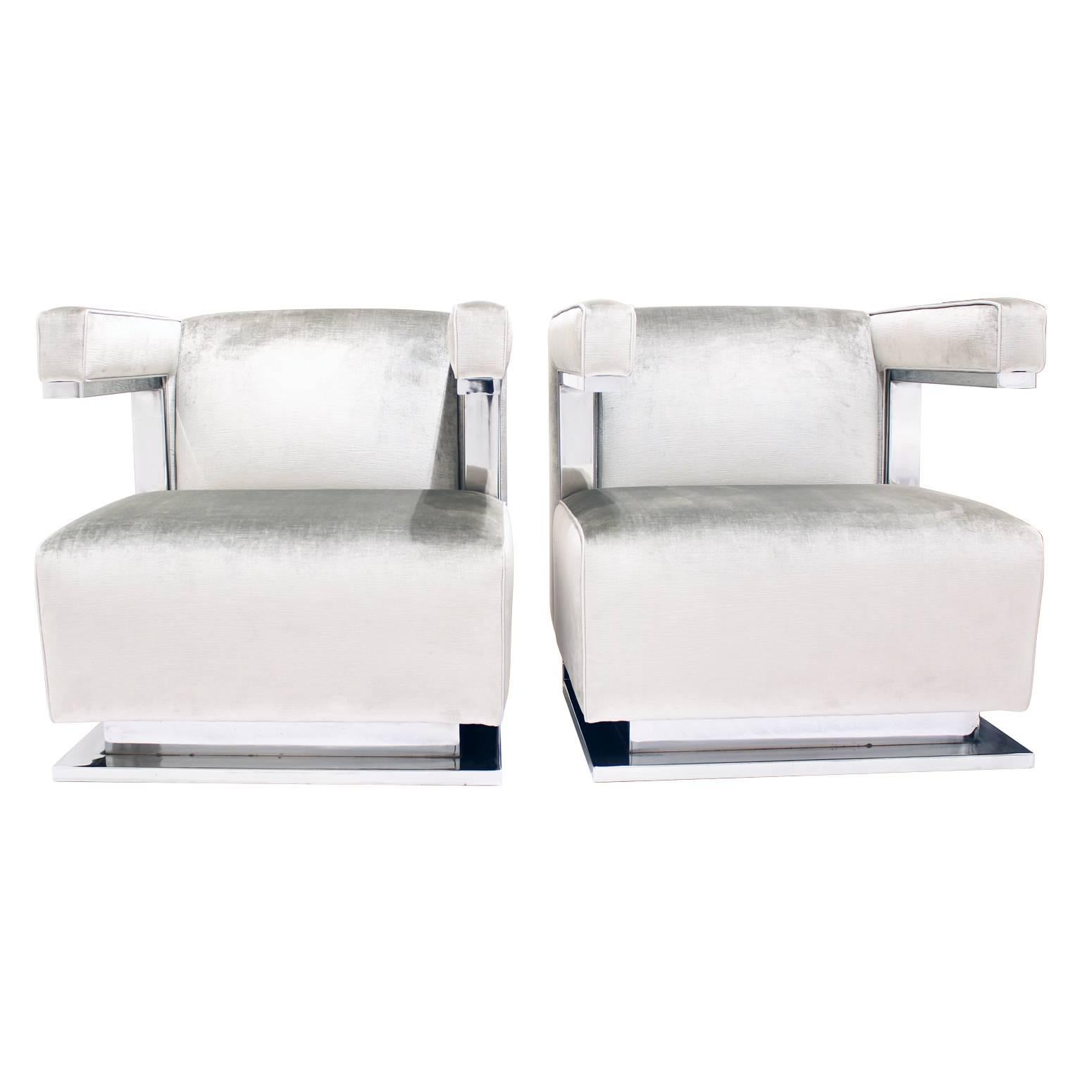 Monumental 1930s Walter Gropius cubist steel and chrome armchairs modeled after Gropius Director's office chair for Bauhaus. These armchairs have been reupholstered in a luxurious pewter cotton velvet. Chrome has age appropriate indications of use