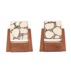 Stone Marble and Walnut Bookends