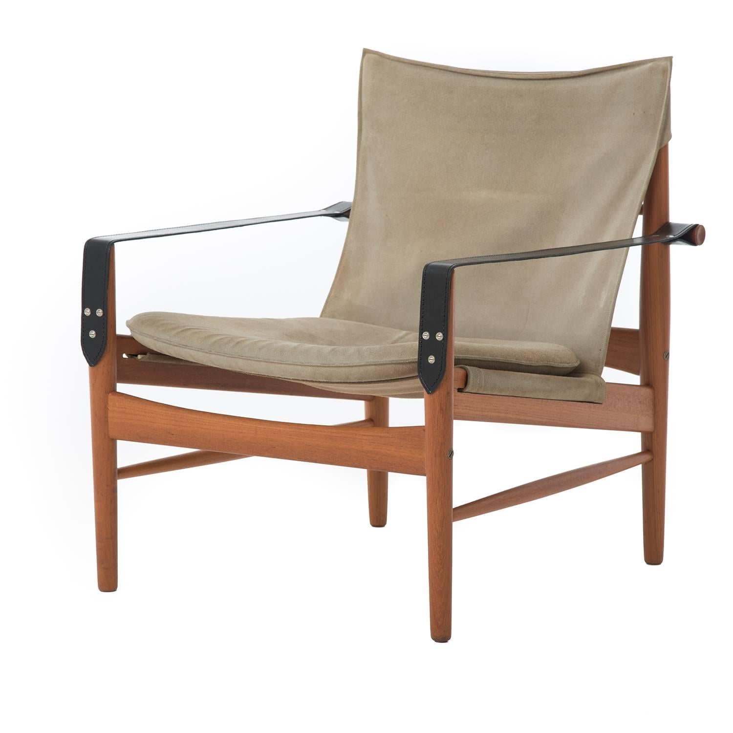 Scandinavian Modern Teak and Suede Hans Olson Antilope Safari Chair Set