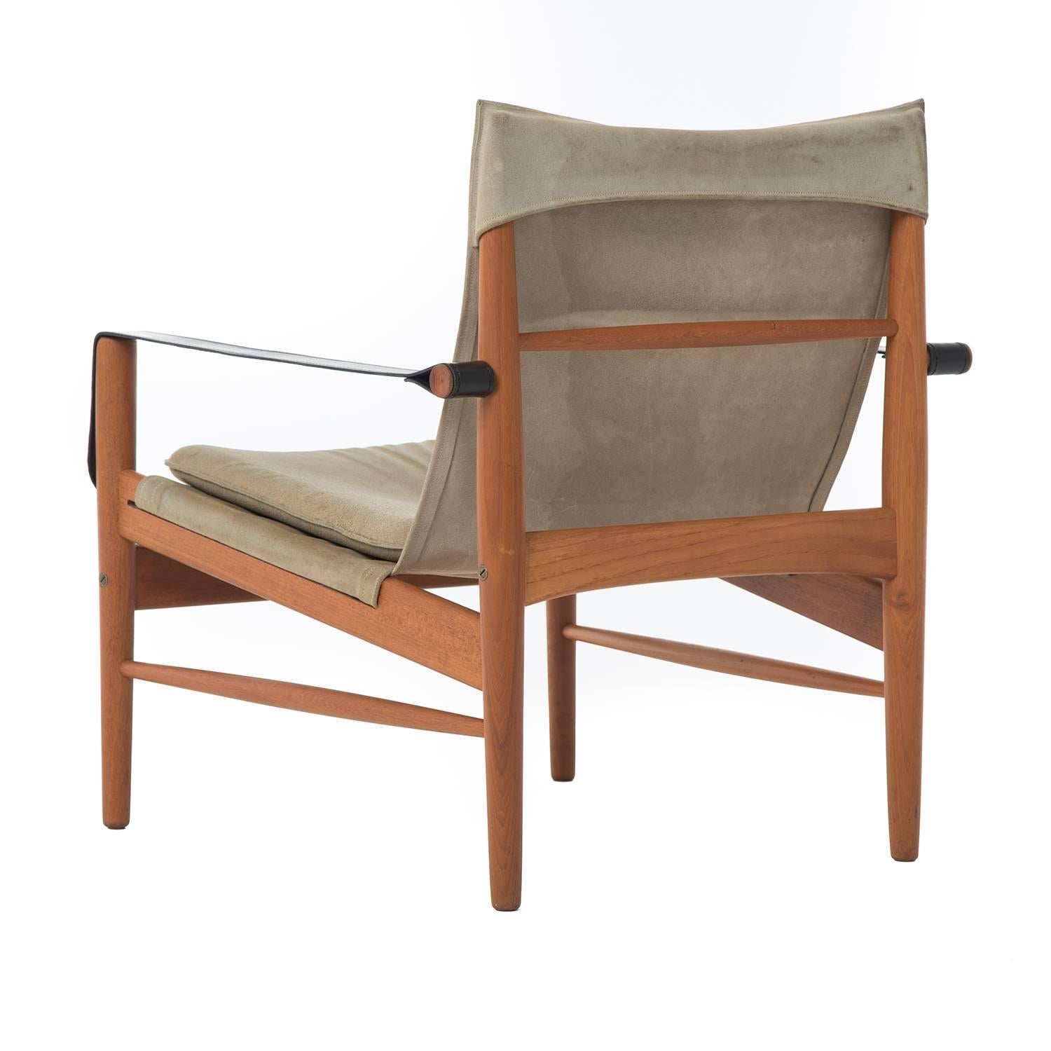 Teak and Suede Hans Olson Antilope Safari Chair Set In Excellent Condition In Minneapolis, MN
