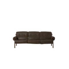 1970s Modern Brazilian Olive Green Leather and Rosewood Sofa