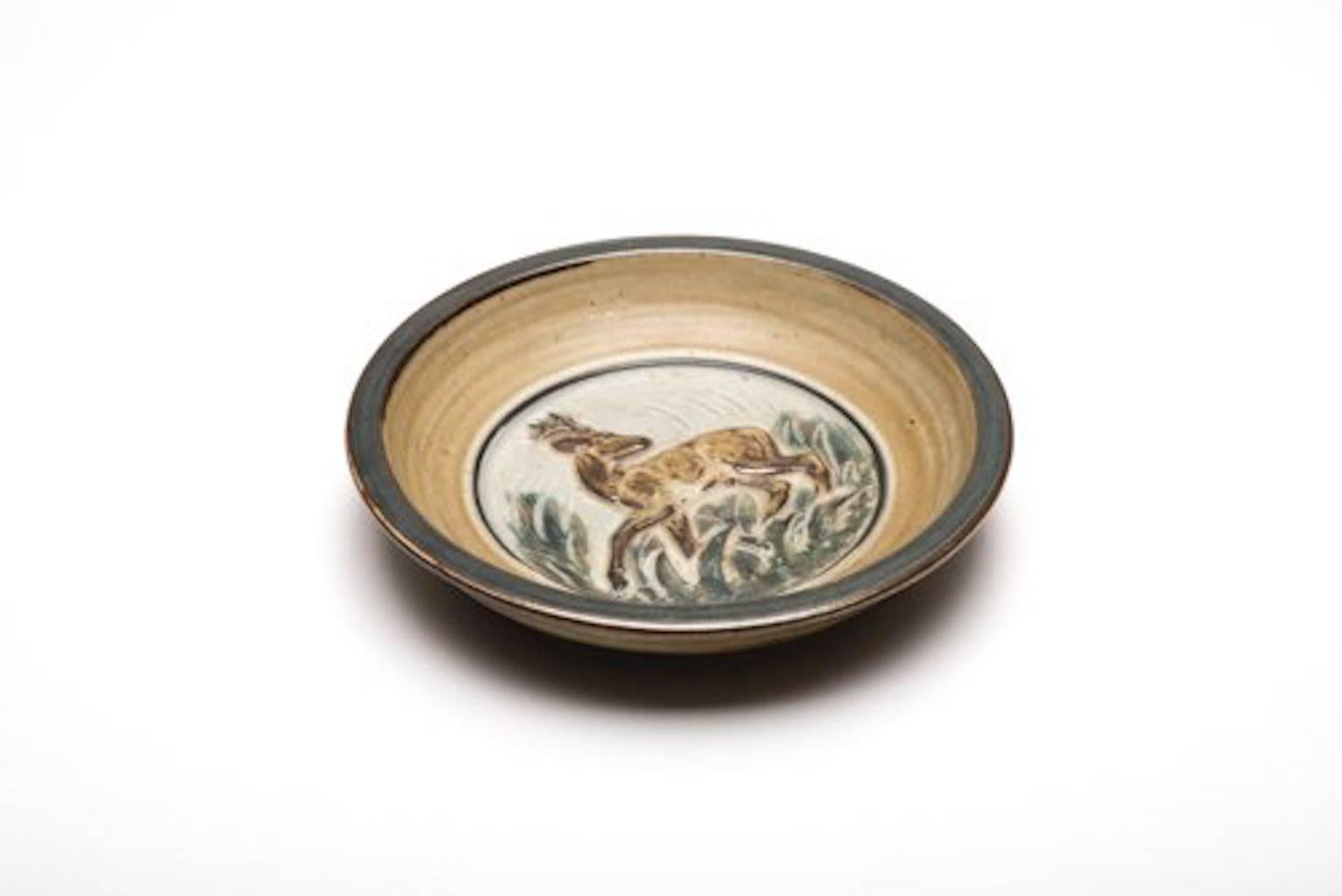 Beautiful Danish Modern ceramic stag bowl by Knud Kyhn for Royal Copenhagen.
