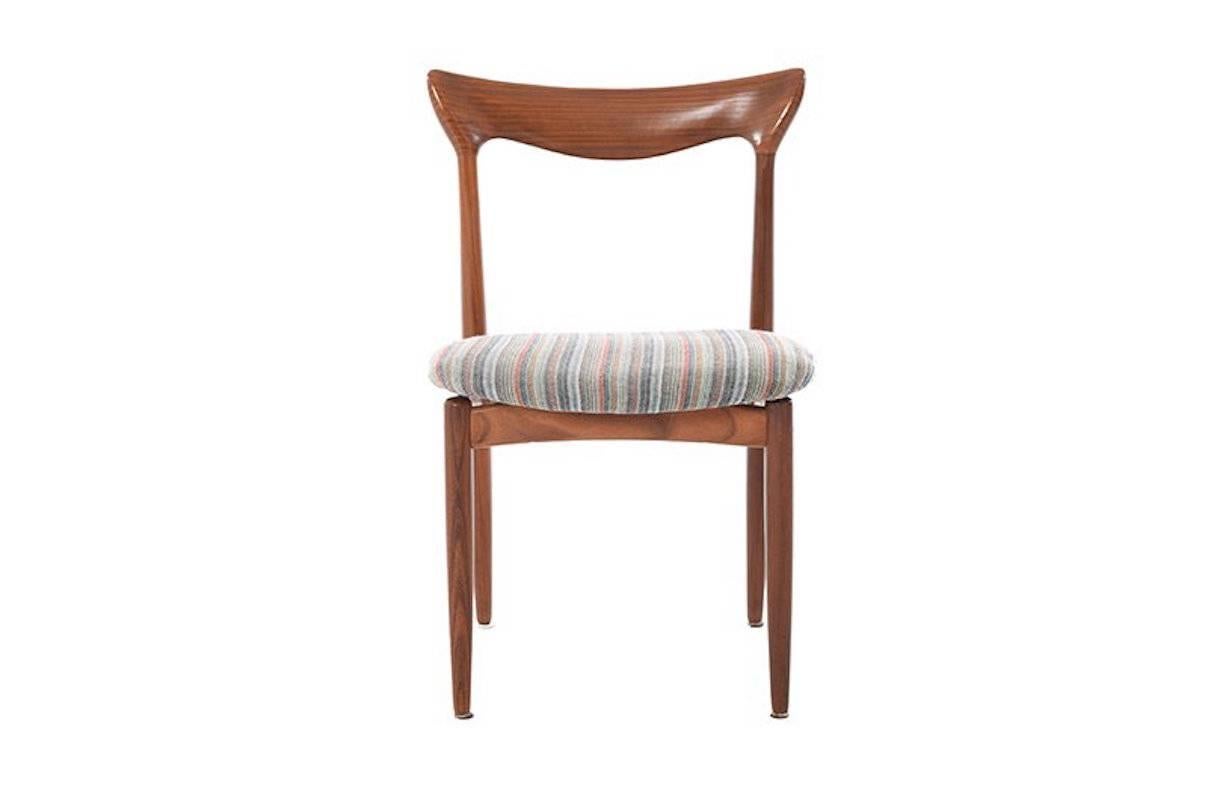 Set of six Danish Modern teak dining chairs. Chairs come with original striped slip covers. Frames have been fully restored but these chairs could use new upholstery. Please inquire about Danish teak classics in-house upholstery services for