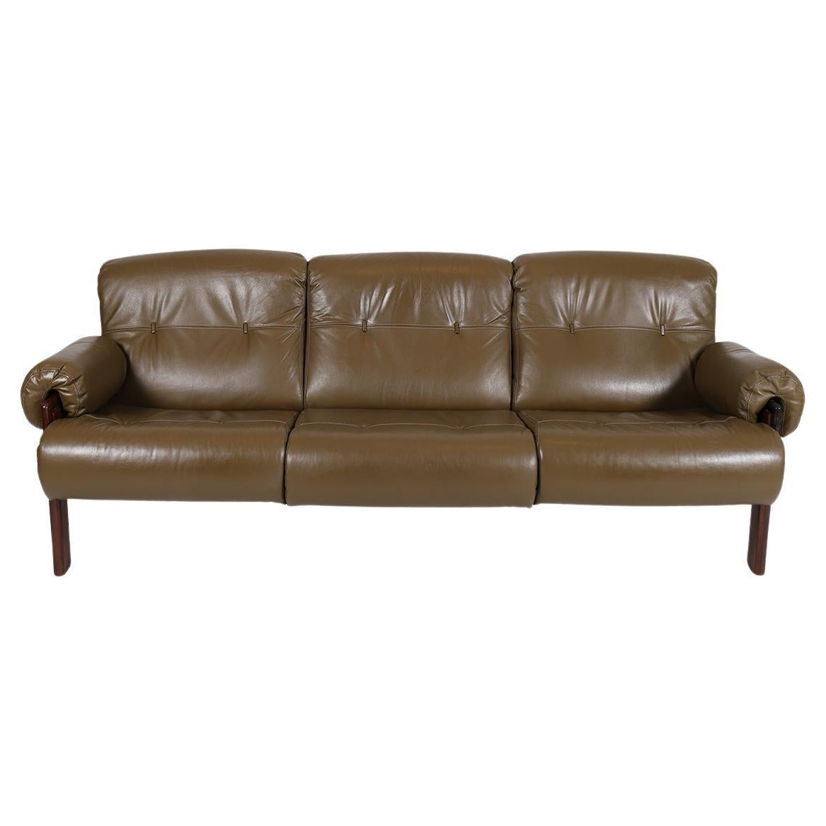 Jean Gillon Three Seat Sofa in Olive Leather For Sale