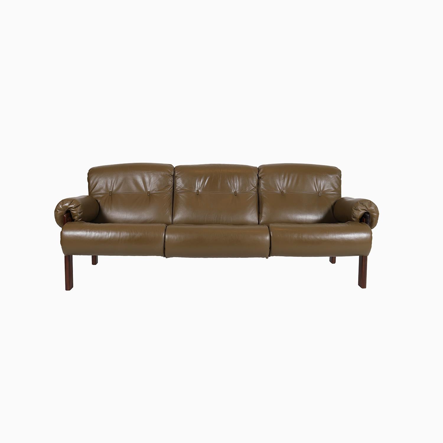 Scandinavian Modern Jean Gillon Three Seat Sofa in Olive Leather For Sale