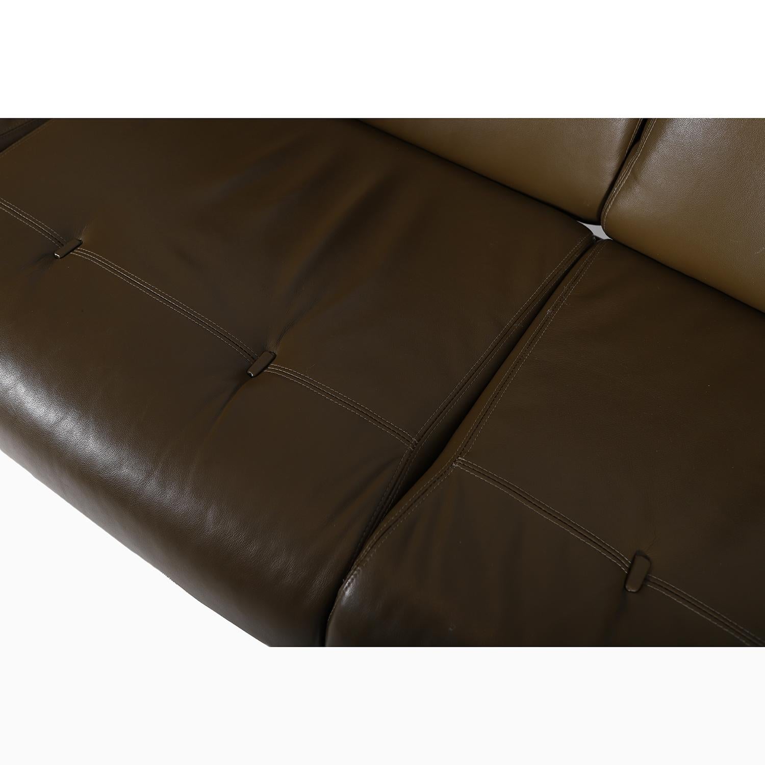 Lacquered Jean Gillon Three Seat Sofa in Olive Leather For Sale