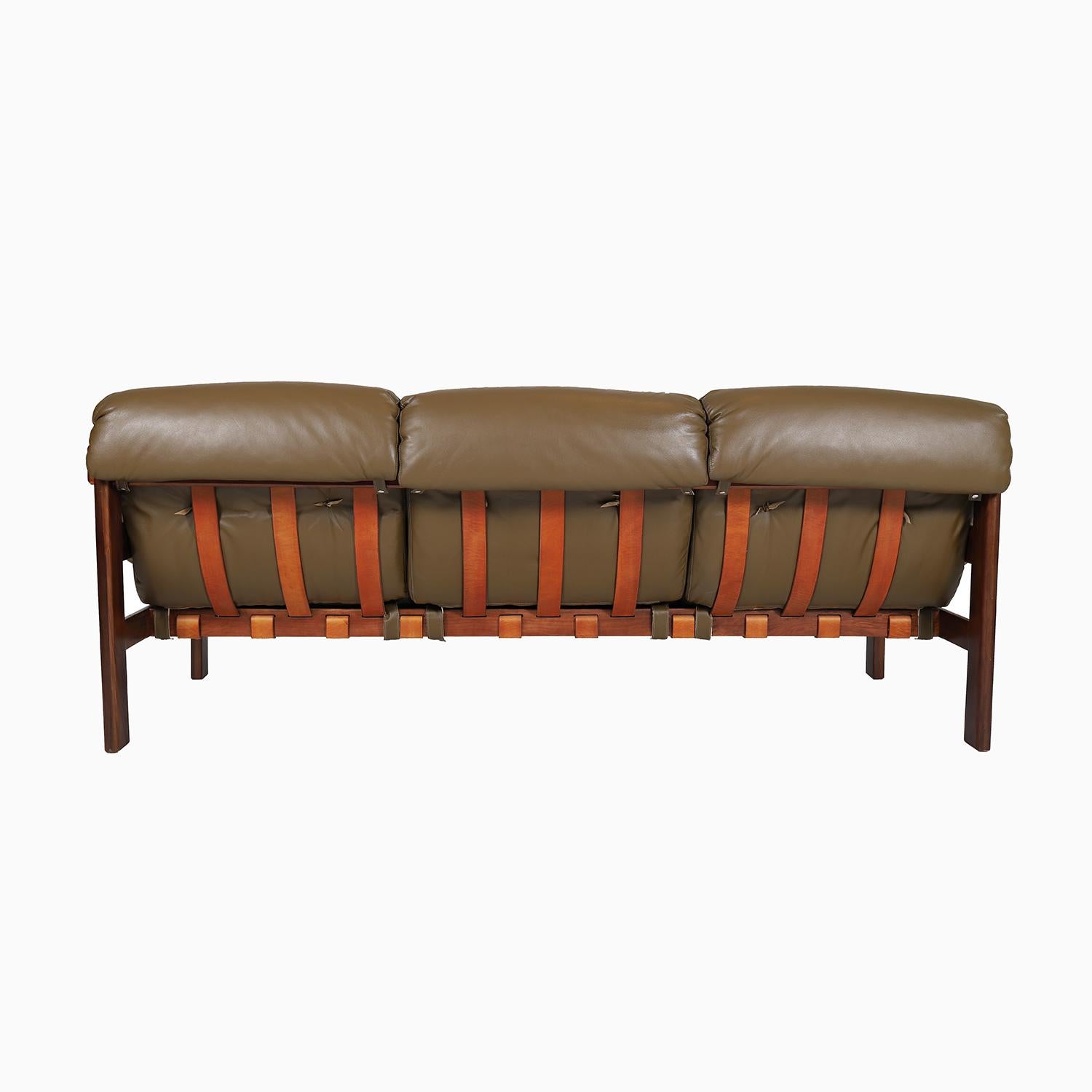 Jean Gillon Three Seat Sofa in Olive Leather For Sale 2