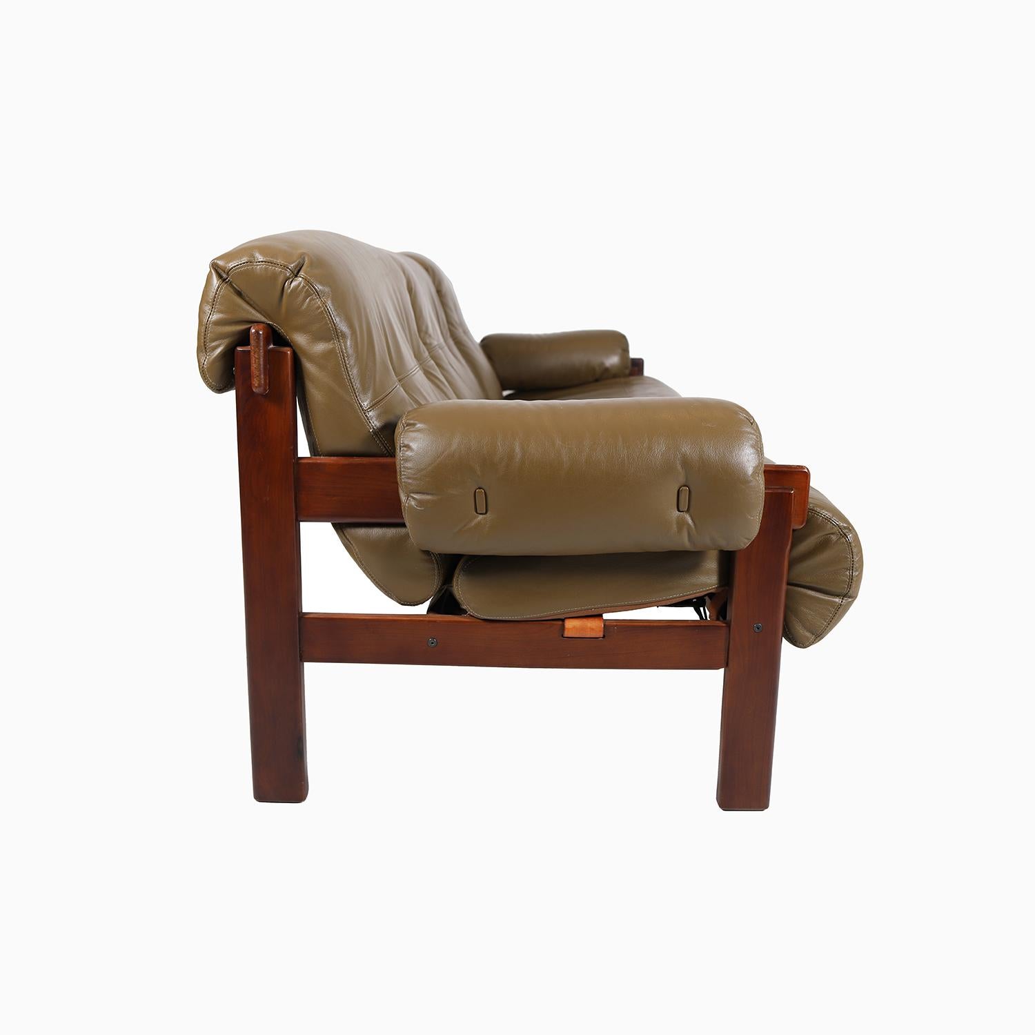 Jean Gillon Three Seat Sofa in Olive Leather For Sale 1
