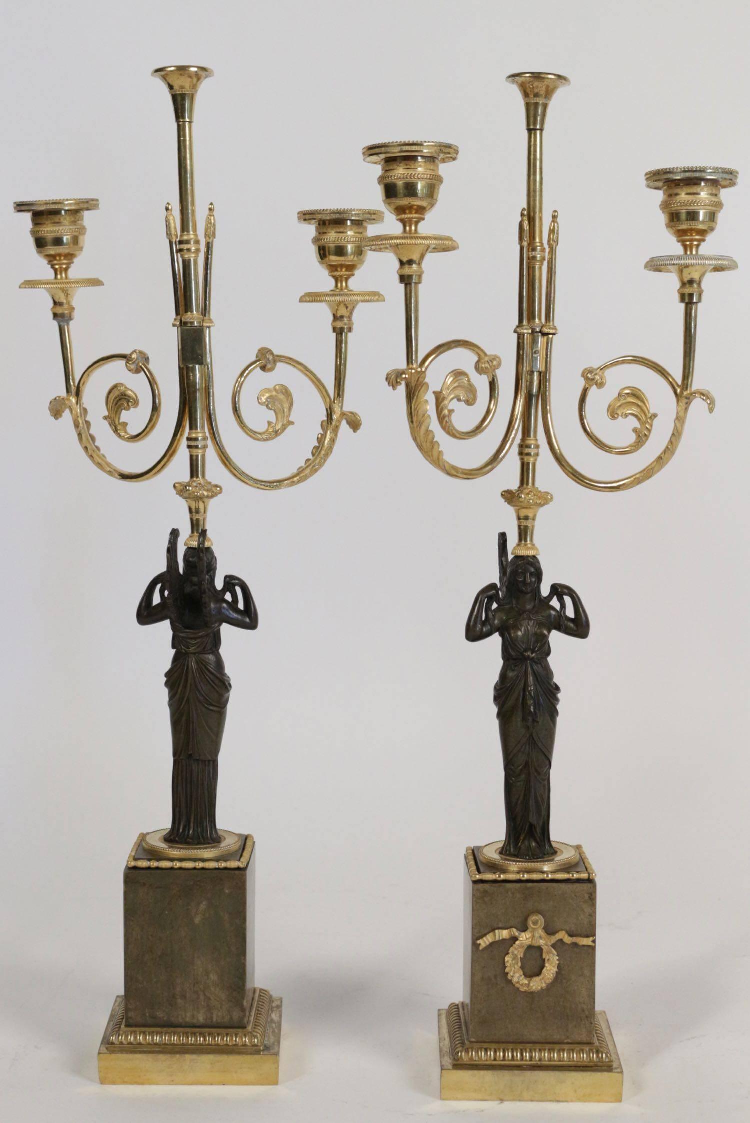 Louis XVI Pair of 18th Century Bronze Candlesticks in Gold Gilt with Marble Base
