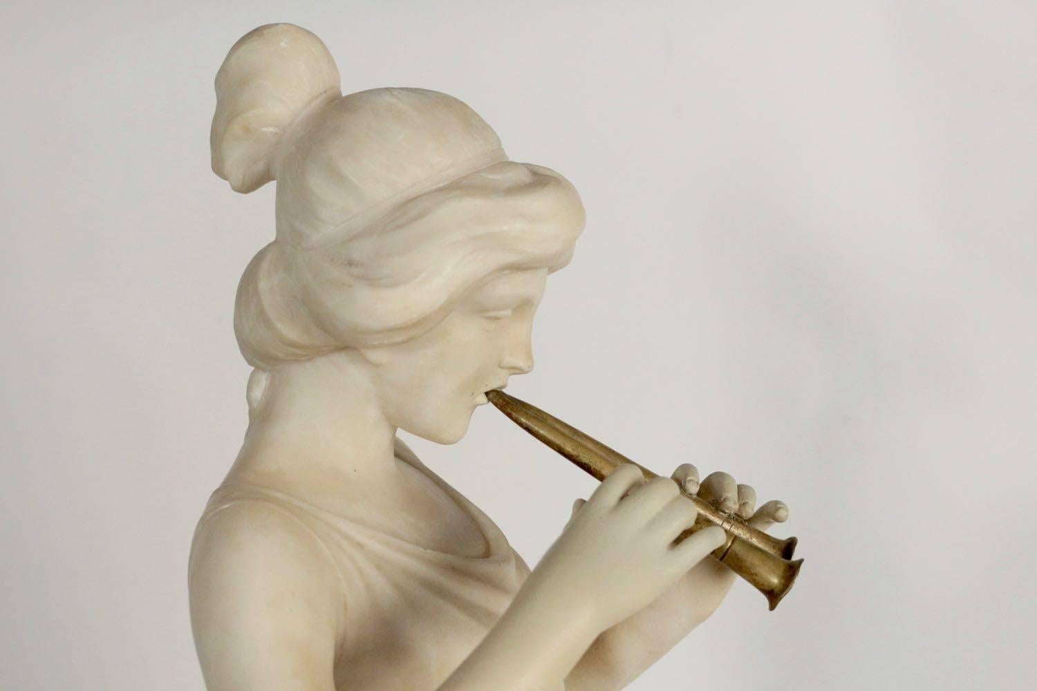 French Alabaster, 19th Century, Woman with a Flute beside the Fountain, Bronze Flute 