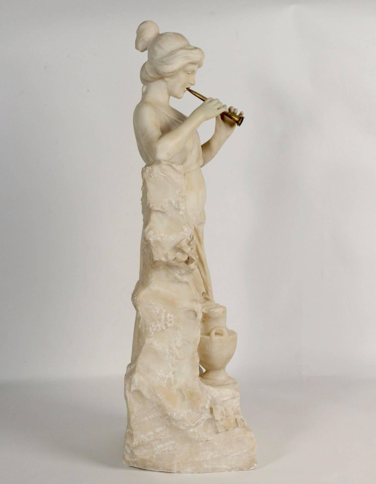 Alabaster, 19th century, woman with a flute beside the fountain, bronze flute. h: 78cm, l: Basic: 30cm x 23cm.
