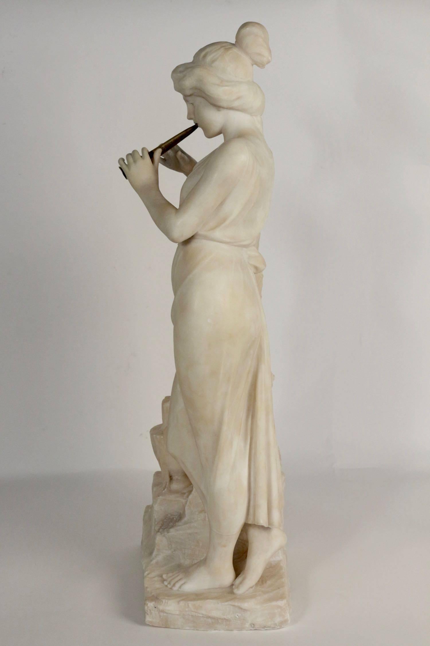 Late 19th Century Alabaster, 19th Century, Woman with a Flute beside the Fountain, Bronze Flute 