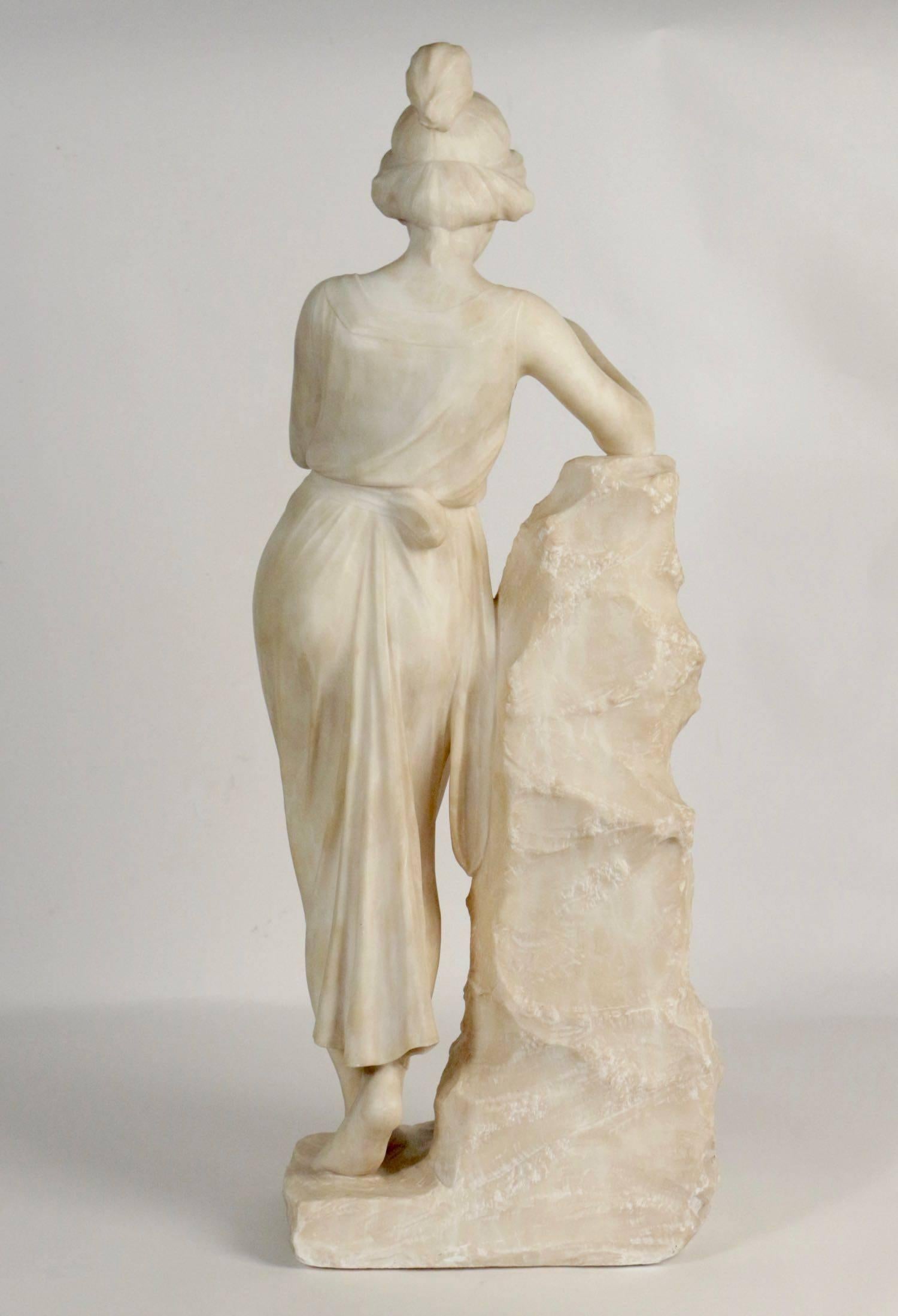 Napoleon III Alabaster, 19th Century, Woman with a Flute beside the Fountain, Bronze Flute 