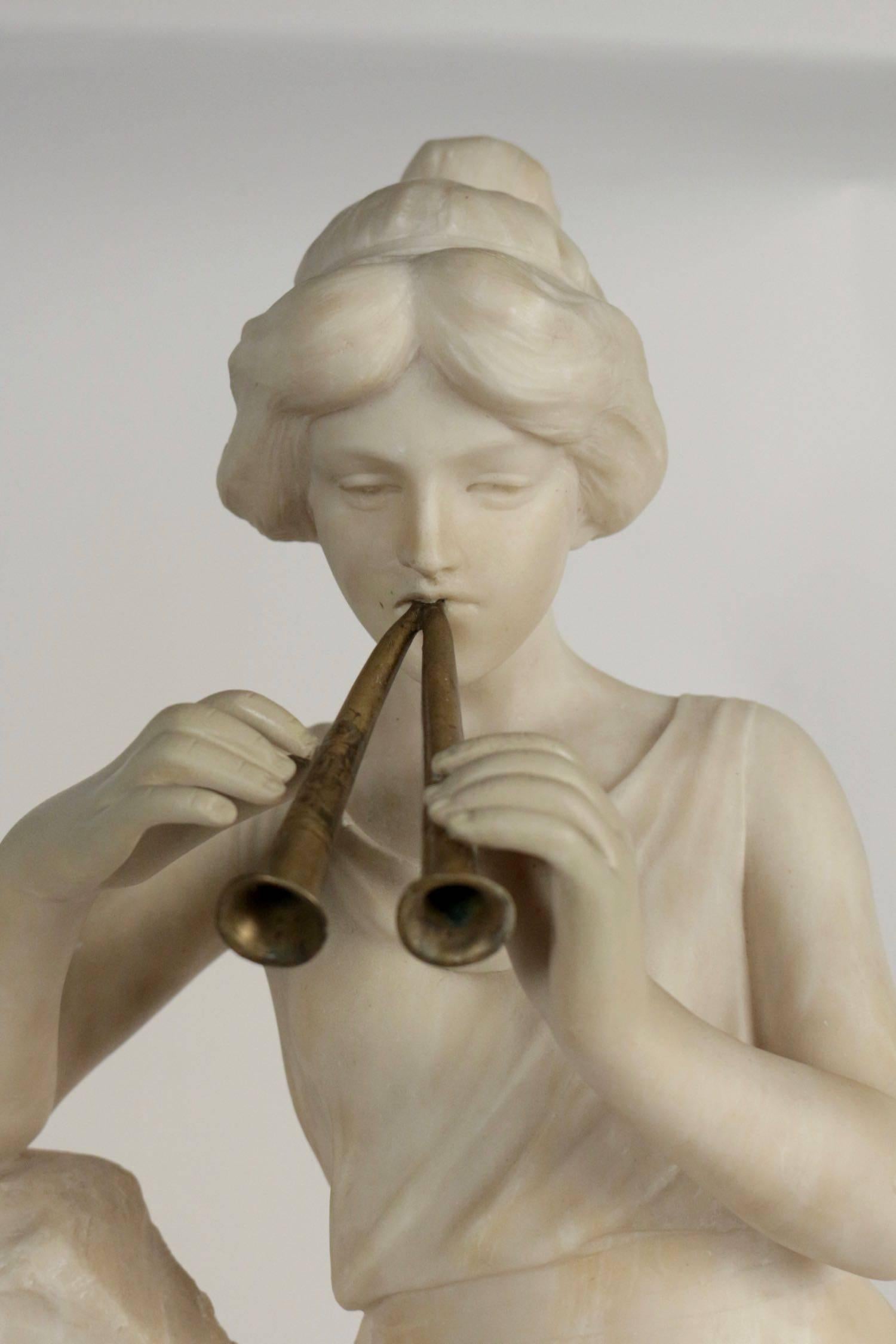 Alabaster, 19th Century, Woman with a Flute beside the Fountain, Bronze Flute  1