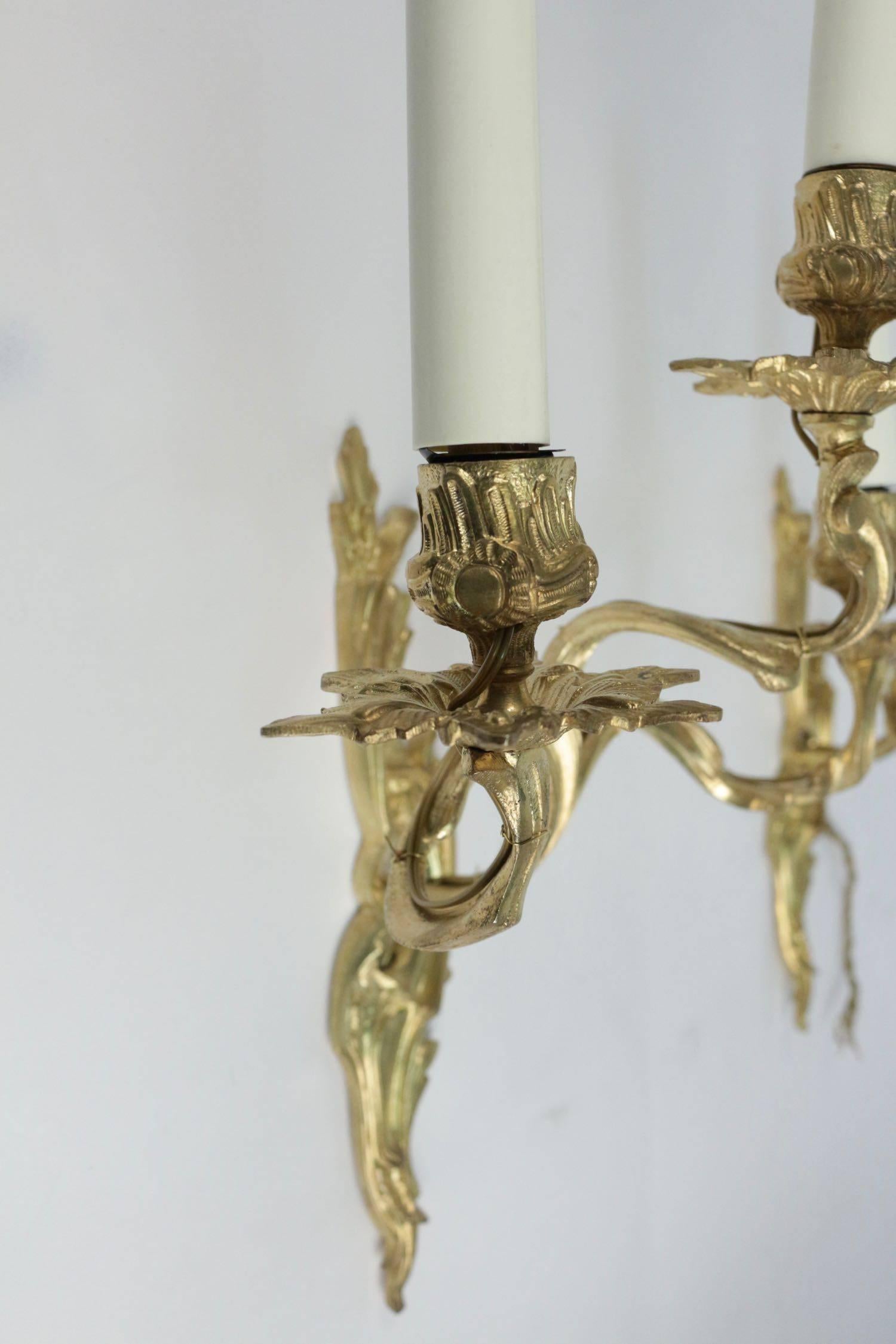 19th Century Pair of Louis XV Style Three Armed Sconces in Gold Gilt Bronze