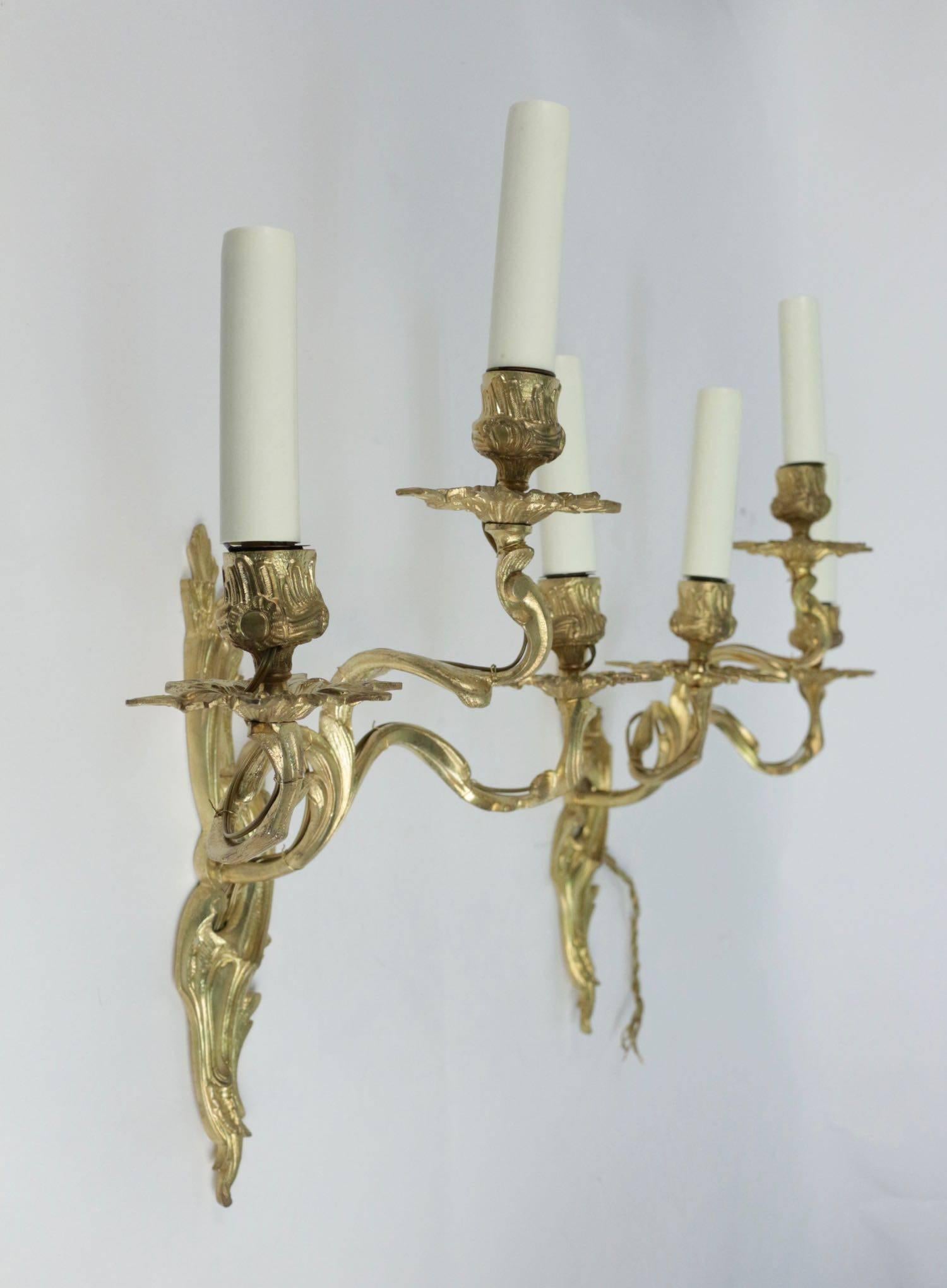 Pair of Louis XV Style Three Armed Sconces in Gold Gilt Bronze 2