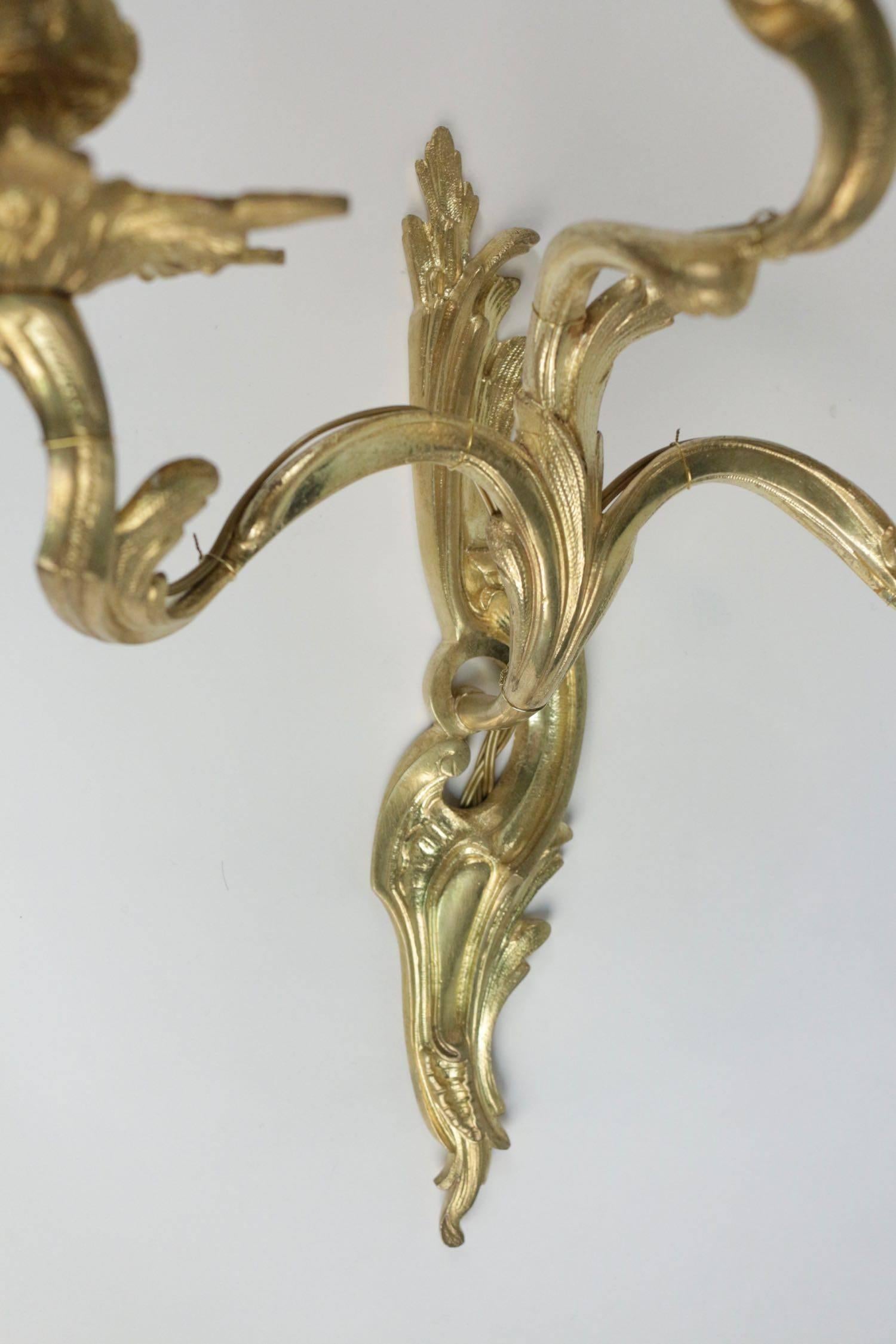 Pair of Louis XV Style Three Armed Sconces in Gold Gilt Bronze 3