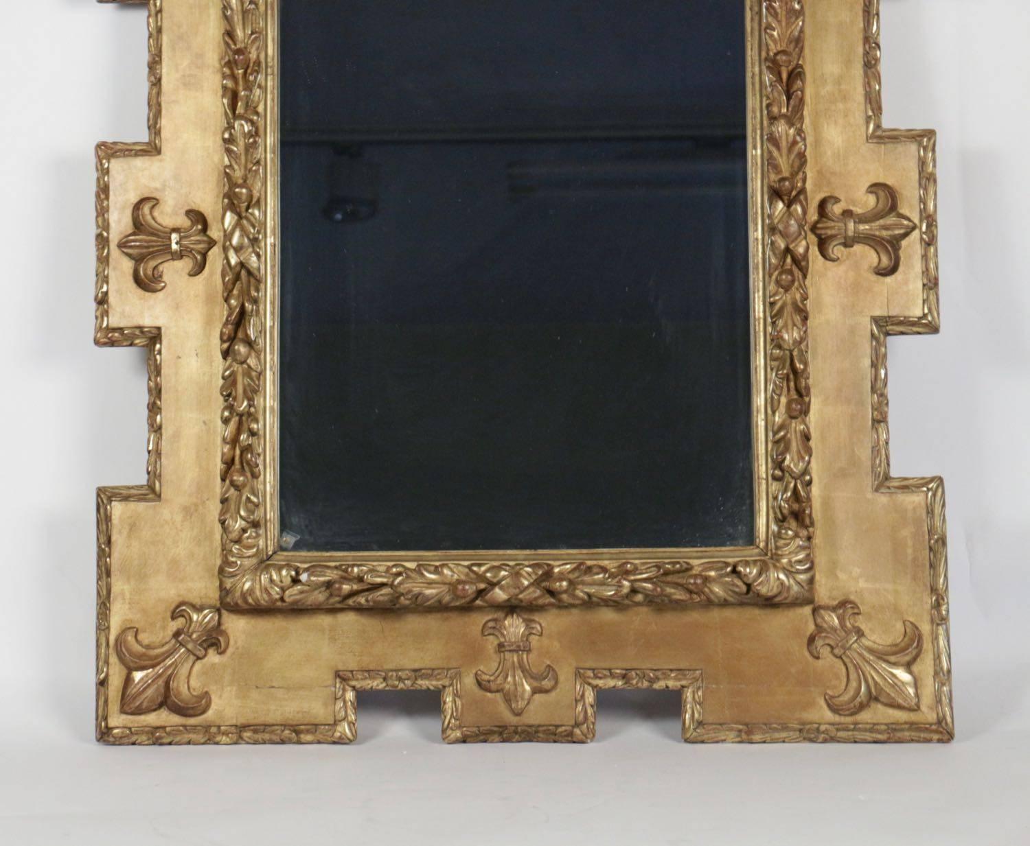 Louis XIV Very Pretty Gold Giltwood and Gesso Mirror with the Fleur De Lys Design