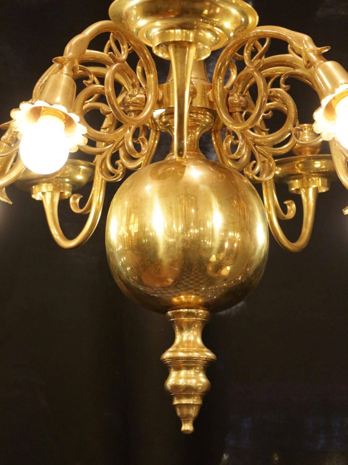 Superior quality solid brass Dutch style chandelier from the 19th century with five arms and five candles.
 