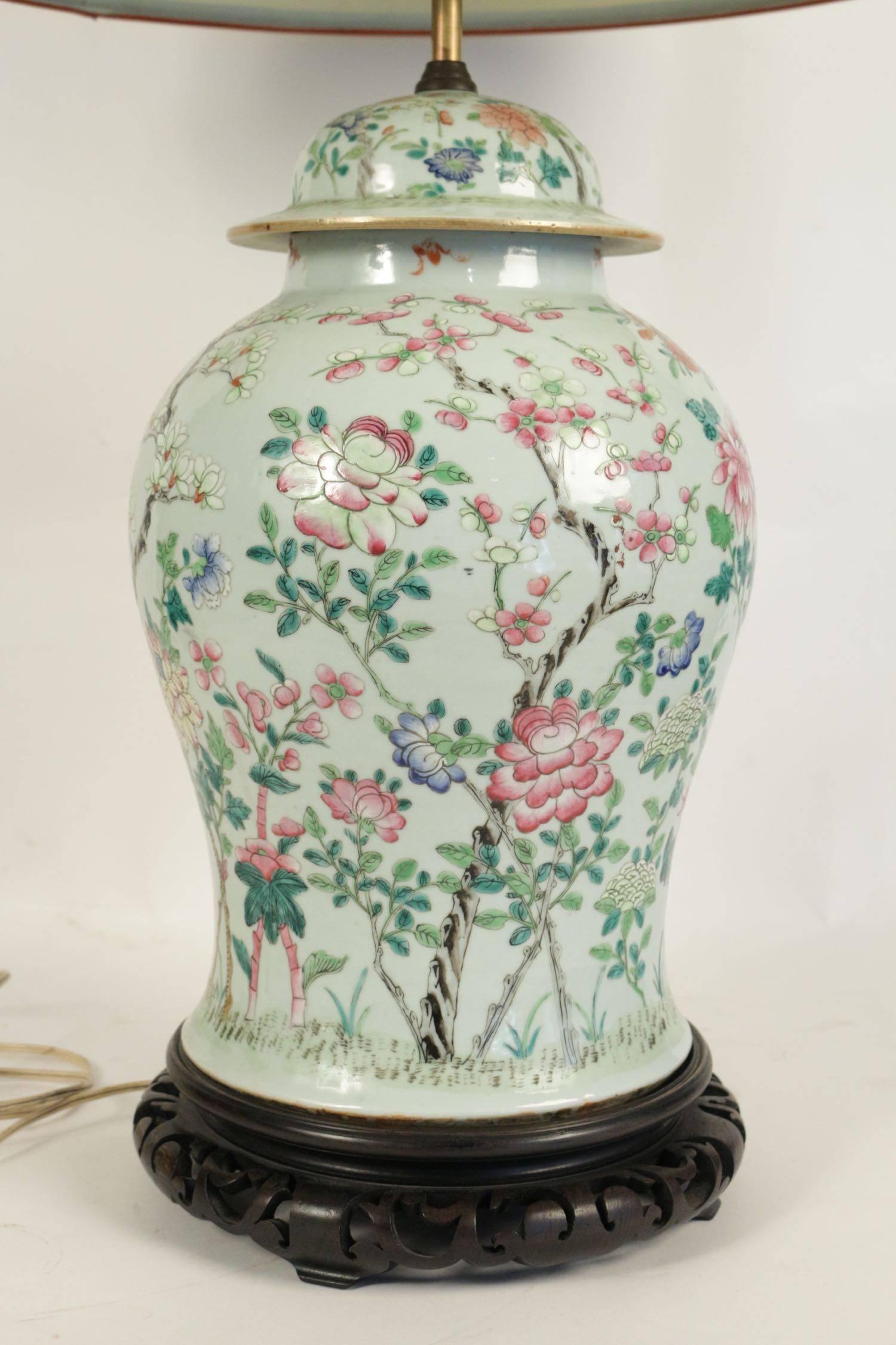 Important Chinese Porcelain lamp circa 1890-1900. Mounted on a base of hand carved wood. 
