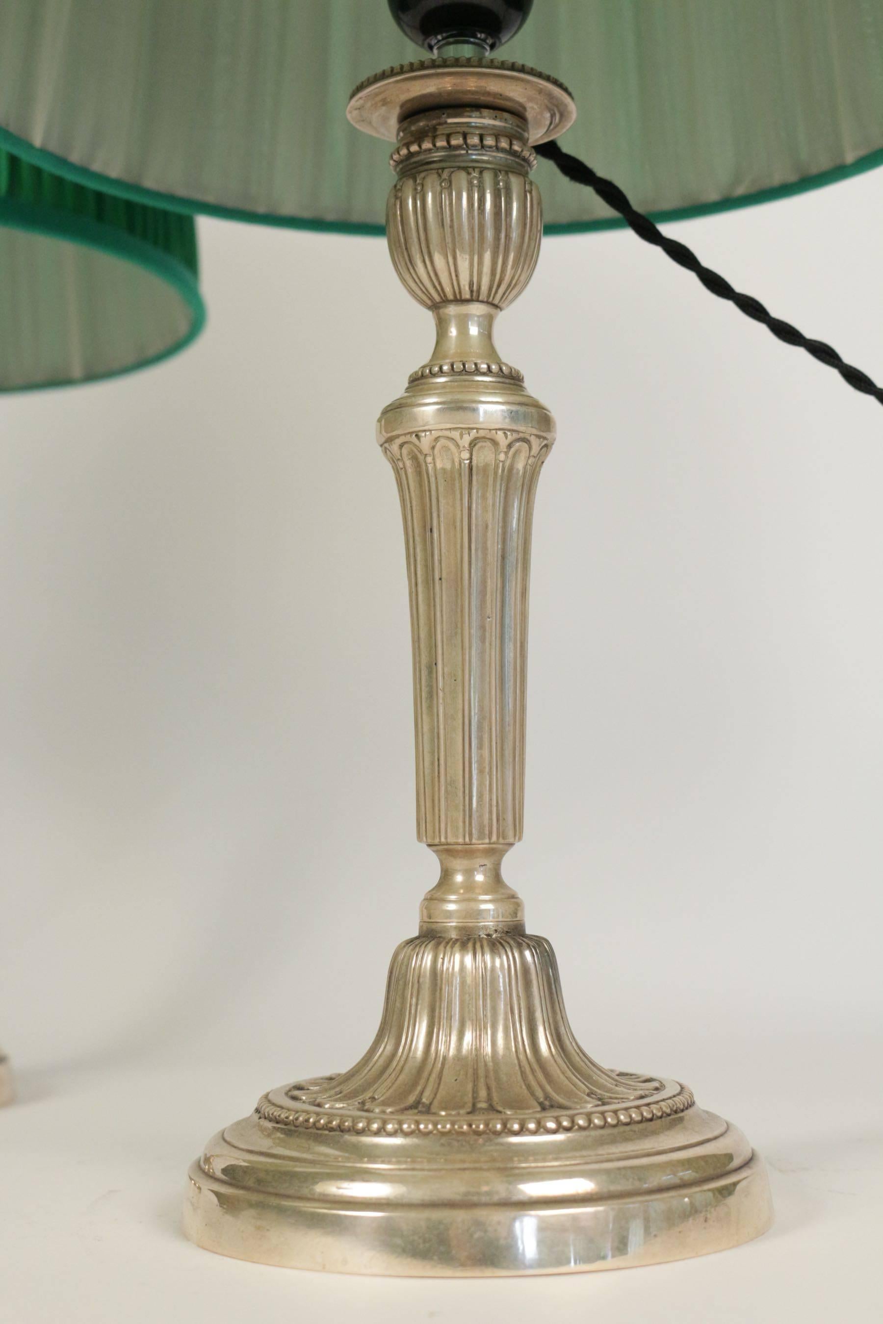 Silvered Two Silver Plated Candlestick Conversions to Lamps, 19th Century