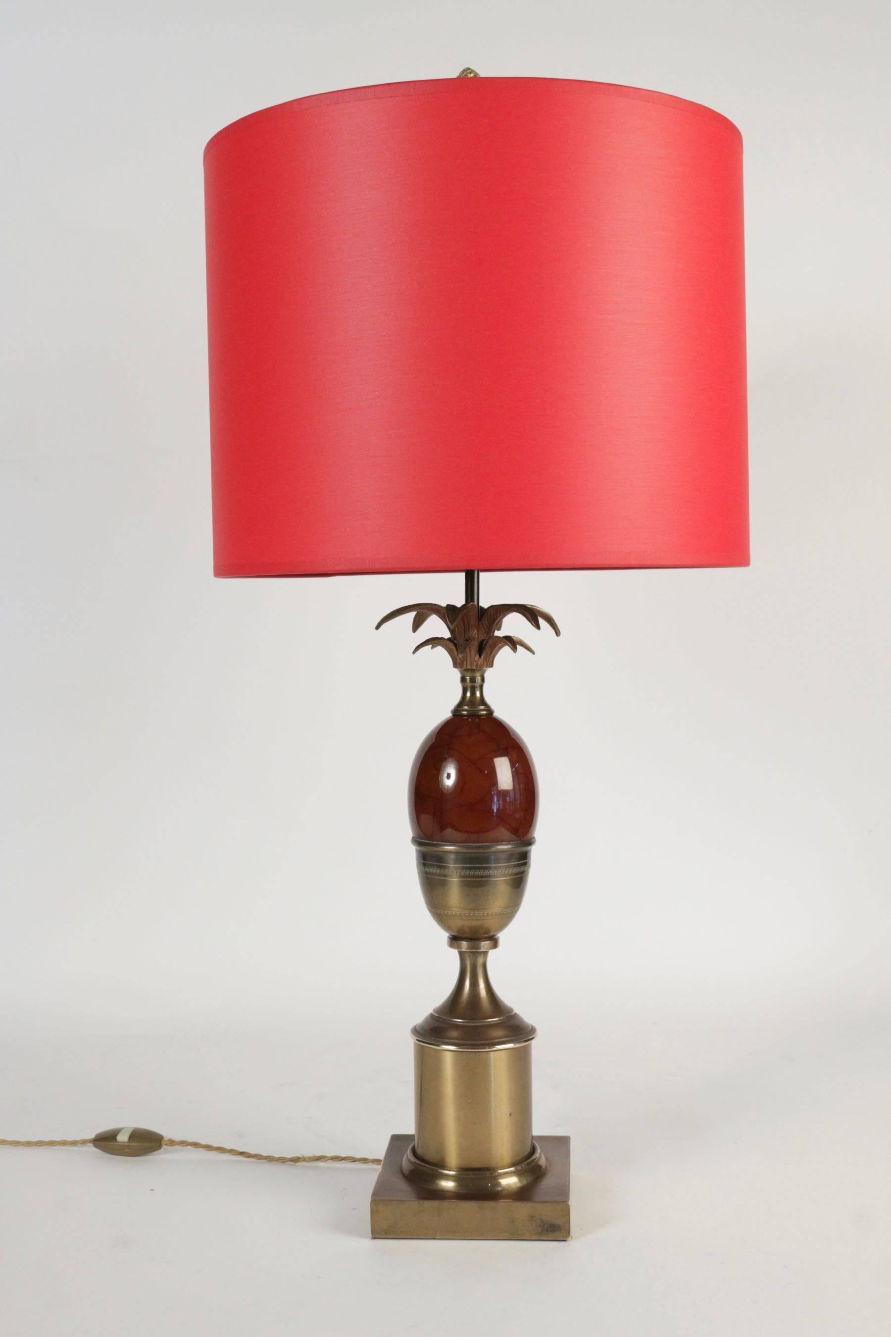 French Mid-Century Modern 1960s Red Lamp in Brass and Resin