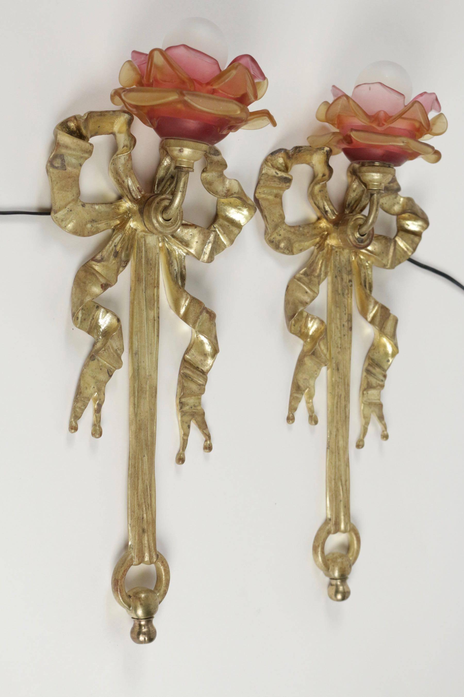 Beautiful pair of gold gilt bronze (original gilding), Louis XV style with glass flowers, 19th century production.
                     