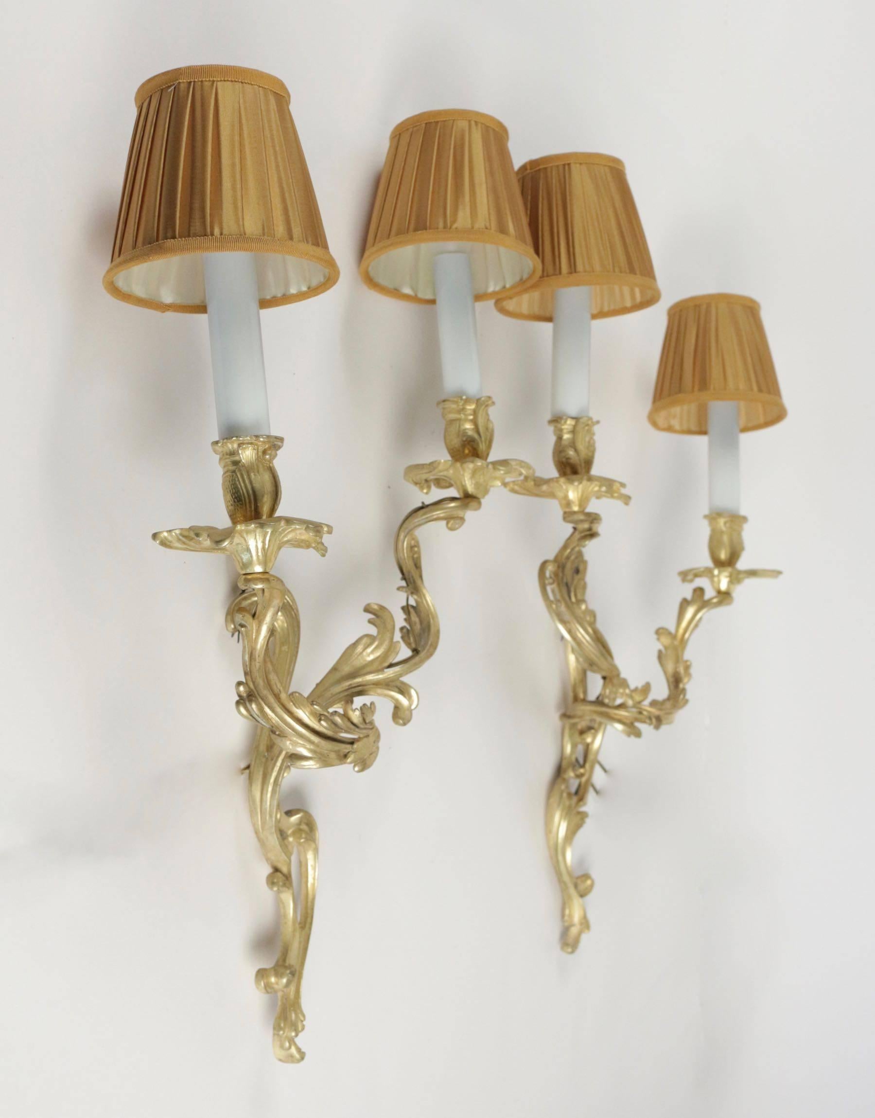 French Pair of Bronze Doré Sconces in the Style of Louis XV from the 19th Century