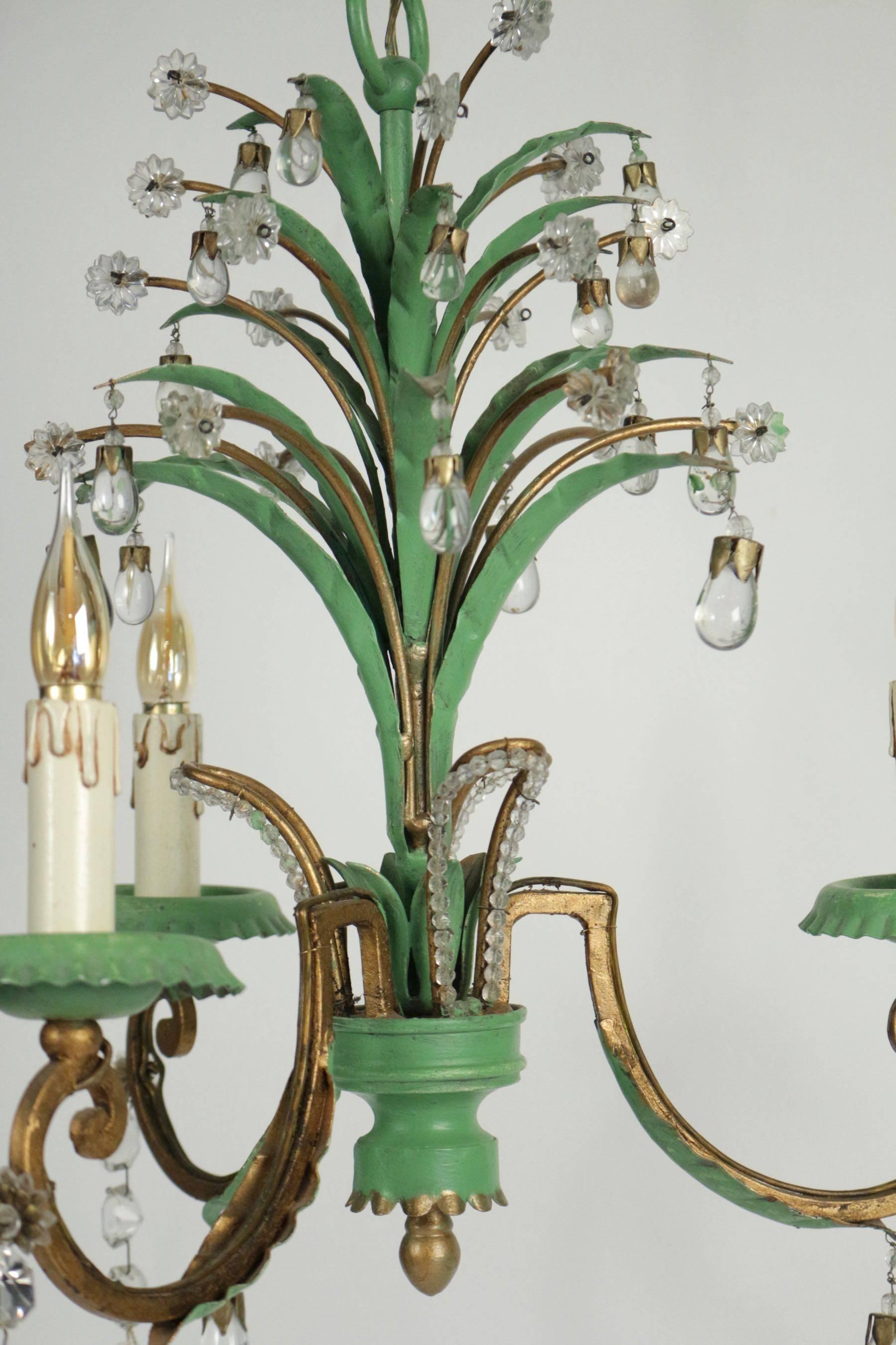 Three-Arm Chandelier in Tole with Crystals in Glass in Green and Gold In Excellent Condition In Saint-Ouen, FR