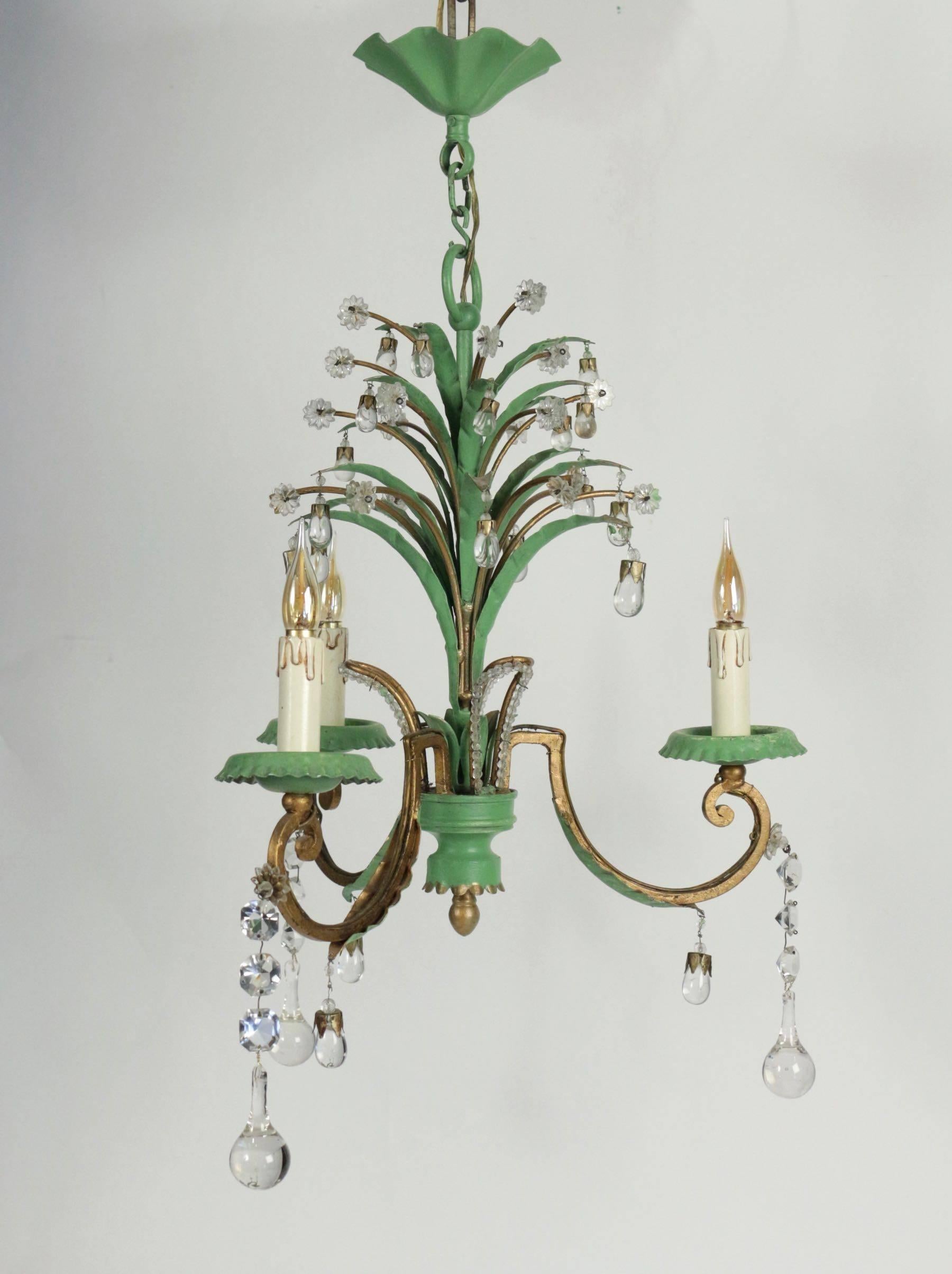 Painted Three-Arm Chandelier in Tole with Crystals in Glass in Green and Gold