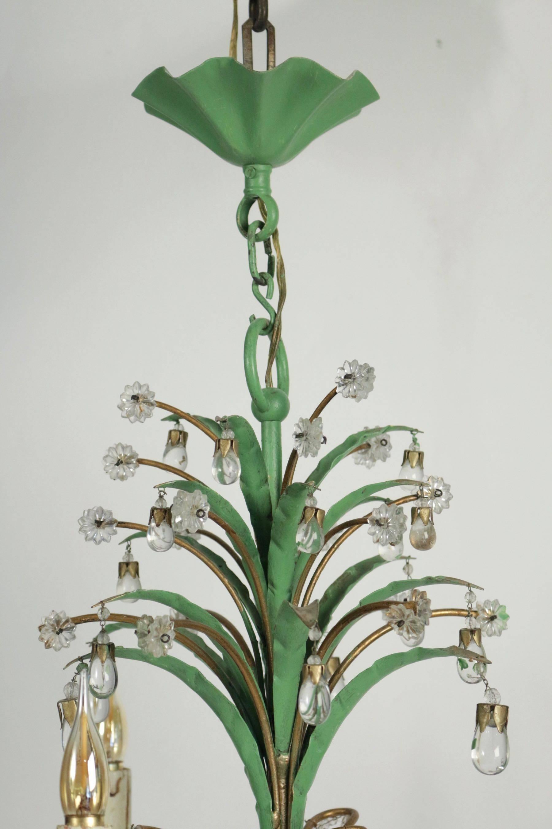 Mid-20th Century Three-Arm Chandelier in Tole with Crystals in Glass in Green and Gold