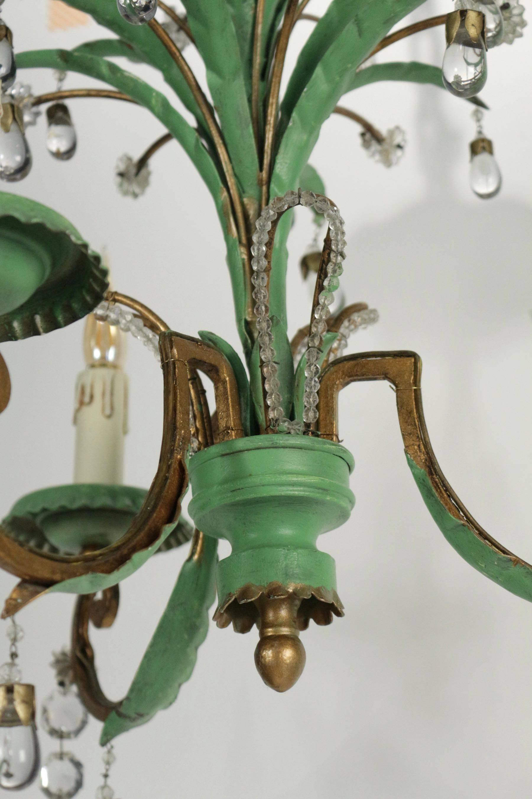 Metal Three-Arm Chandelier in Tole with Crystals in Glass in Green and Gold