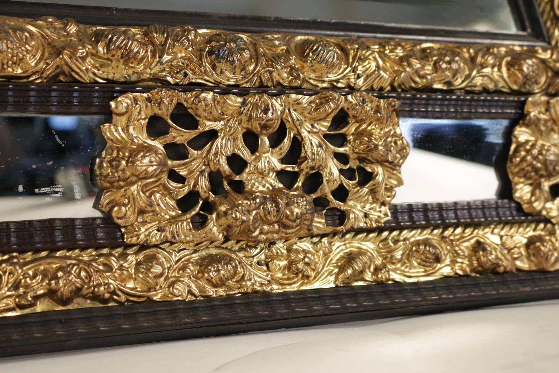 French Parclose Mirror from the 19th Century in Gold Gilt Brass and Ebonized Wood