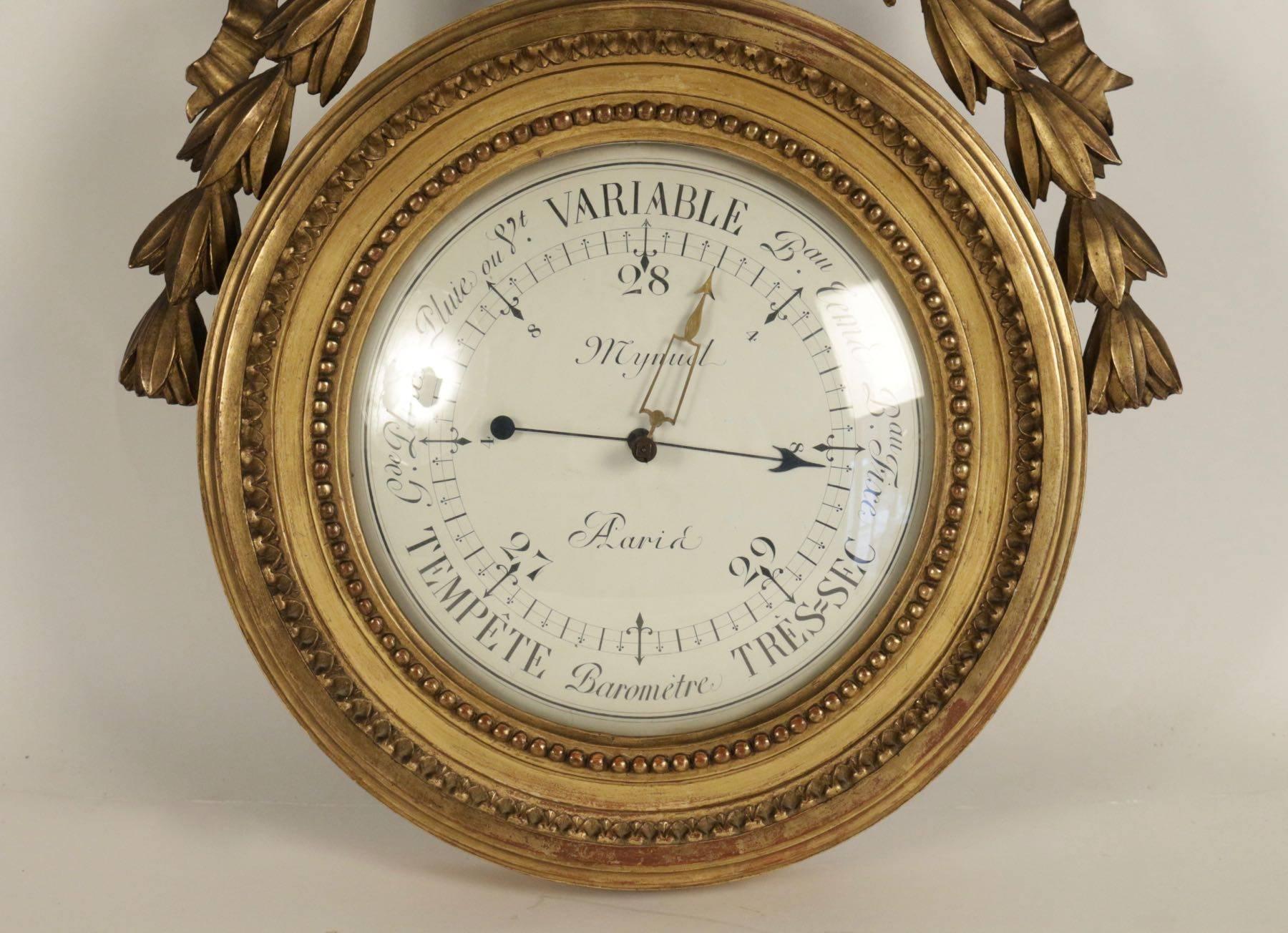French 19th Century Barometer of Hand-Carved Gold Giltwood