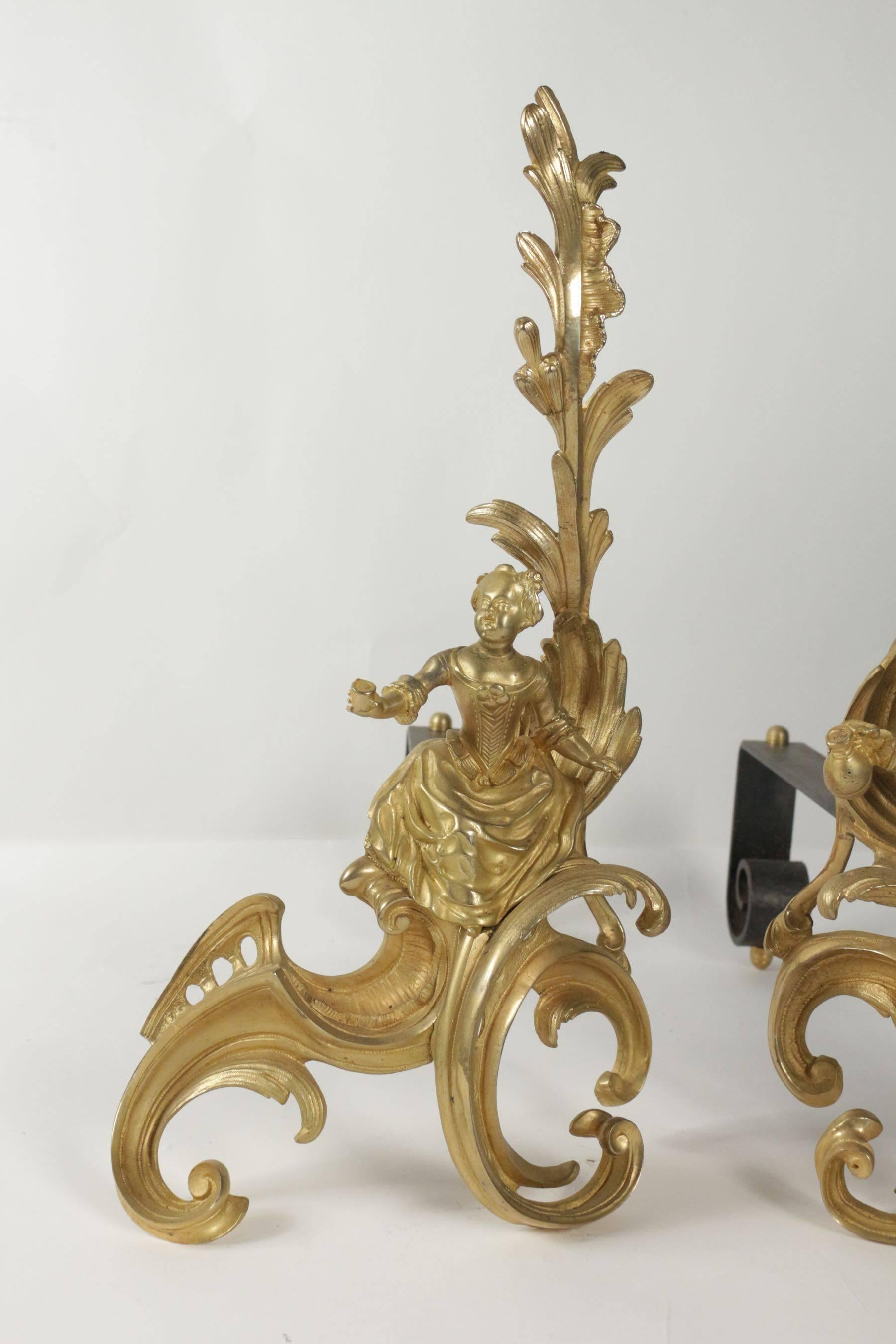 Mid-19th Century Pair of Louis XV Style Fireplace Irons in Gold Gilt Bronze from the 19th Century