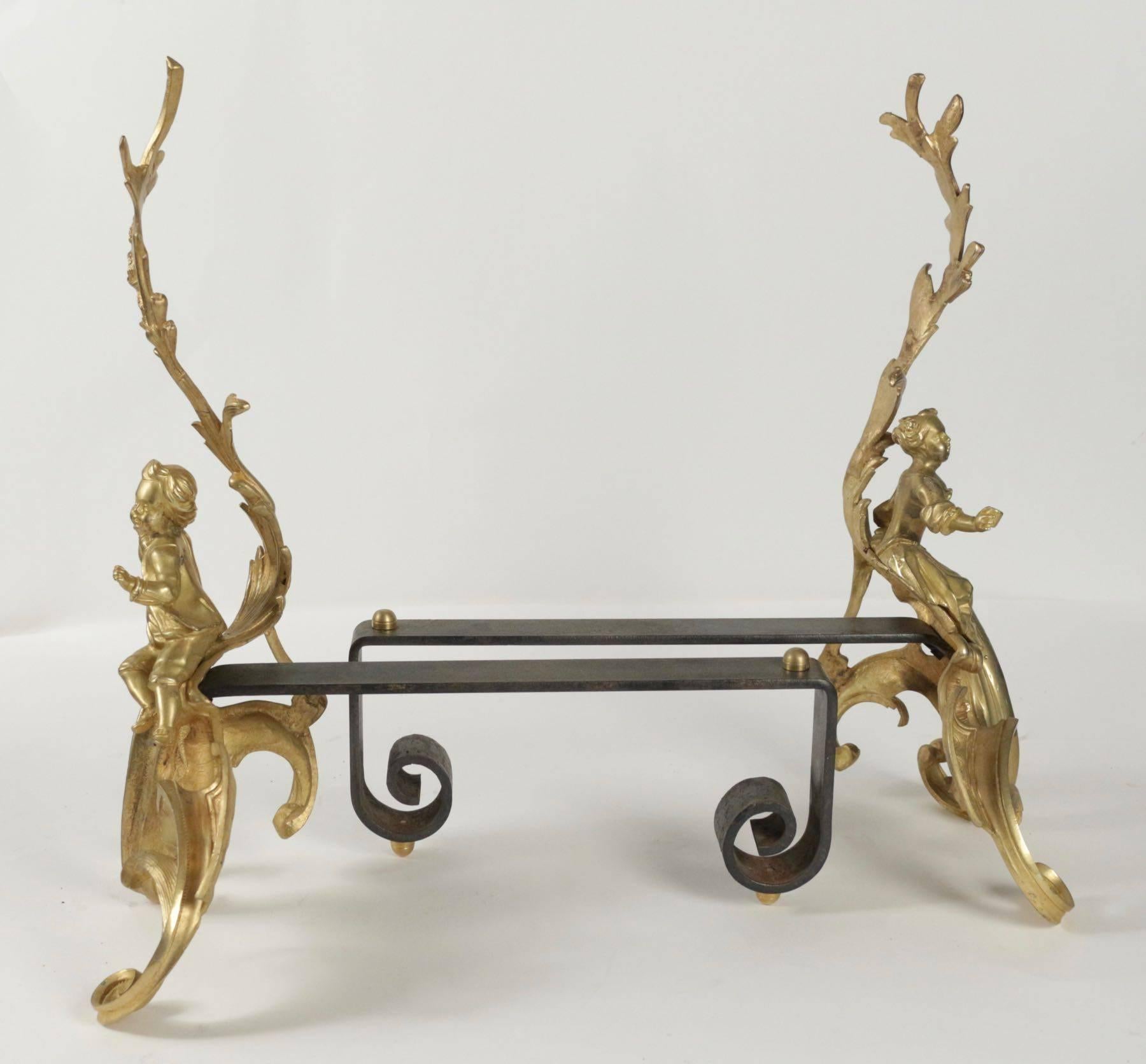 Pair of Louis XV Style Fireplace Irons in Gold Gilt Bronze from the 19th Century 2