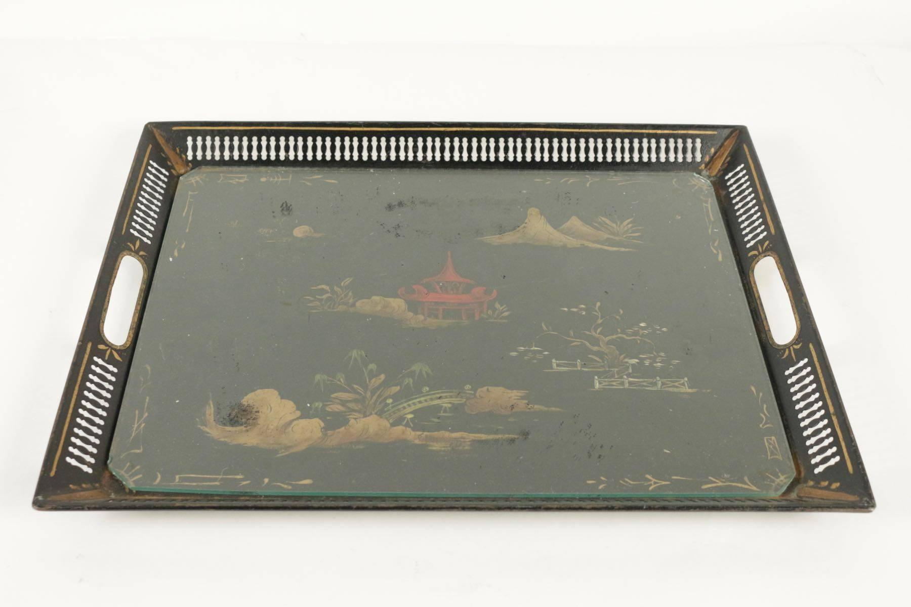 Painted Beautiful Chinoiserie Lacquered Tray from the 19th Century