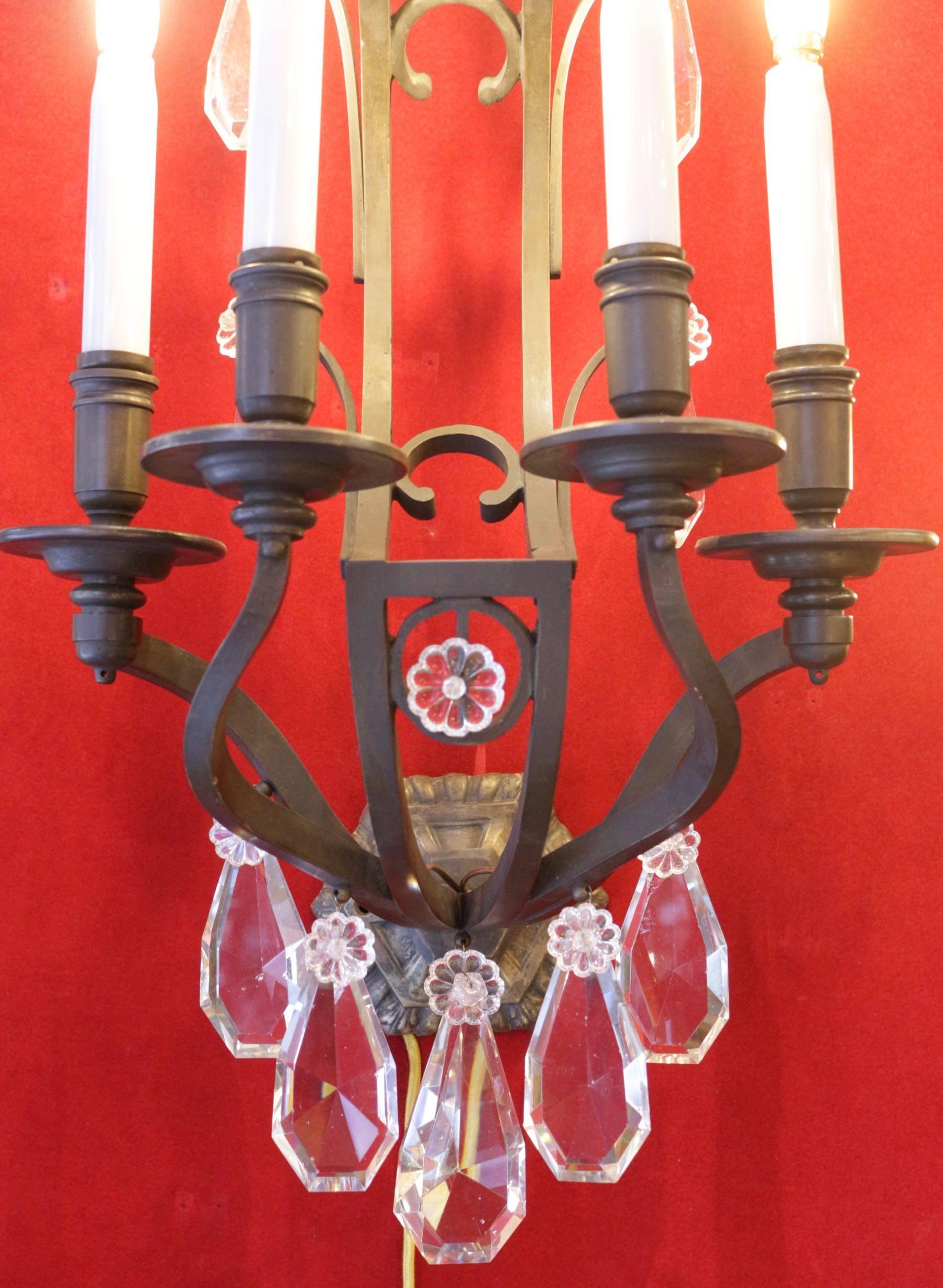 French Pair of Important Sconces in Bronze with Crystals from the 19th Century