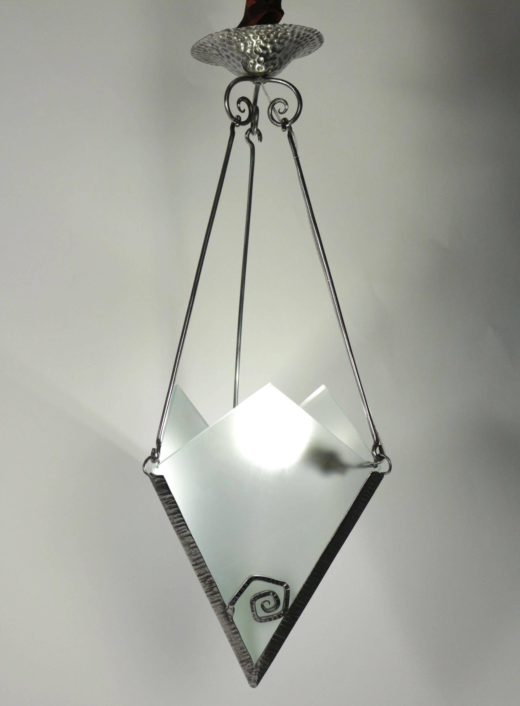 Pretty small Art Deco light fixture in etched glass and steel, circa 1930.
 